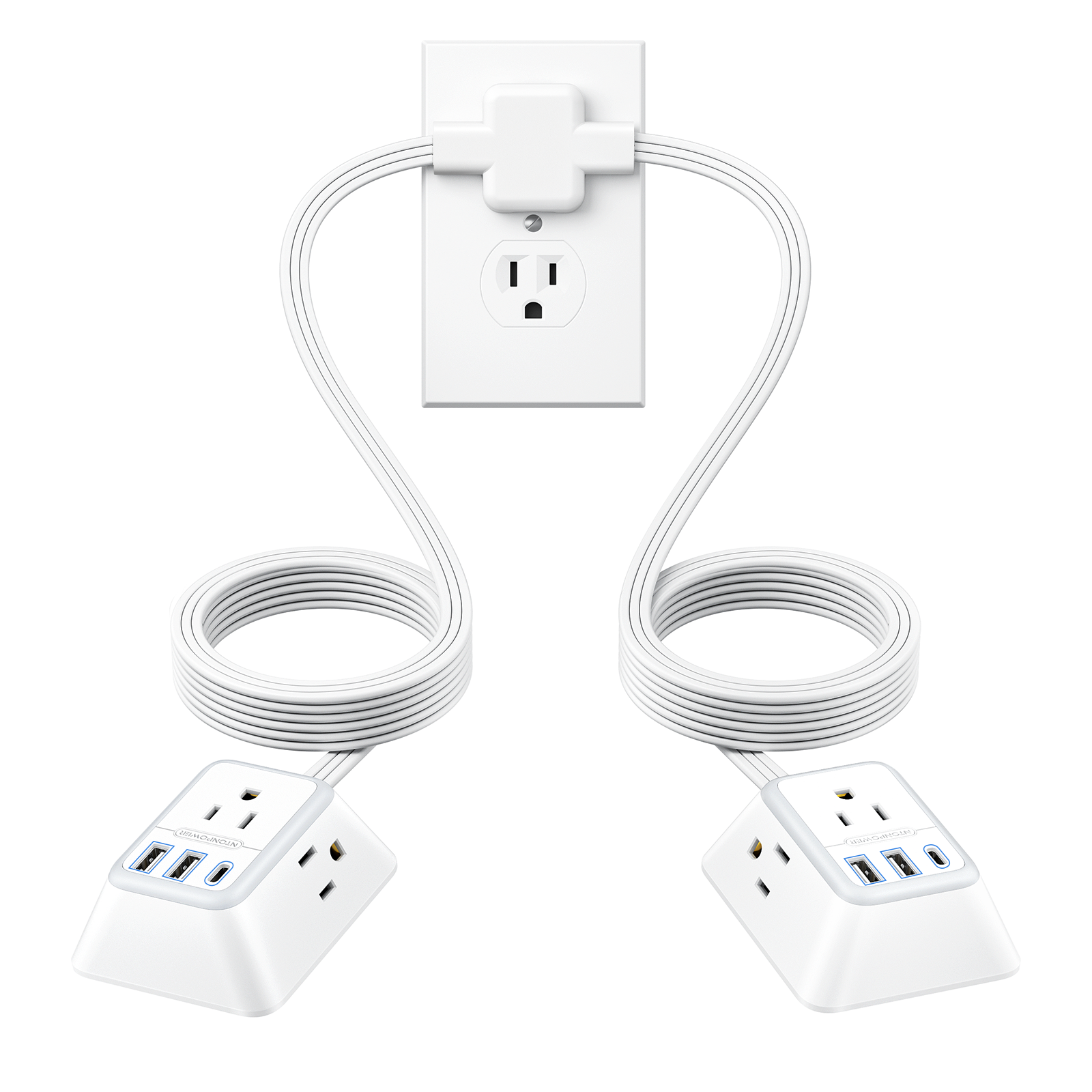 NTONPOWER Split Extension Cord 12FT Power Strip 3 Outlets 2 USB A 1 Type C