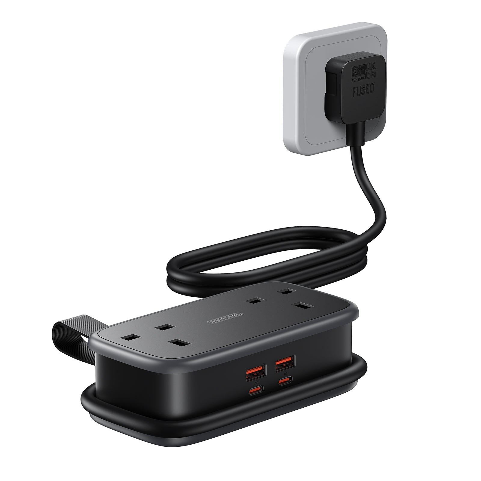 Ntonpower UK 65W Travel Power Strip 2 Outlets 2 USB-A 2 USB-C
