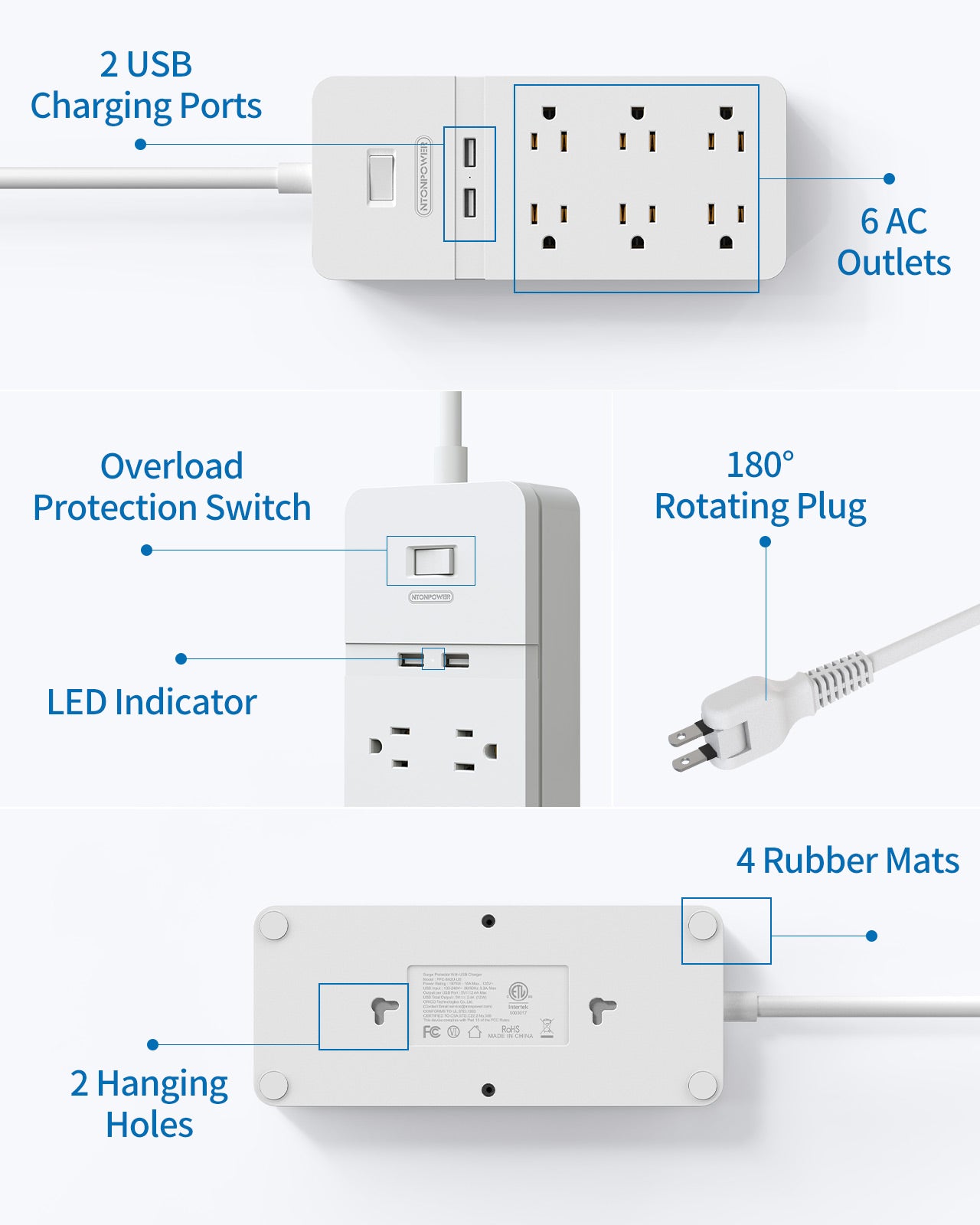 Ntonpower New Surge Protector 2100J 6 Outlets 2 USB Rotating Plug