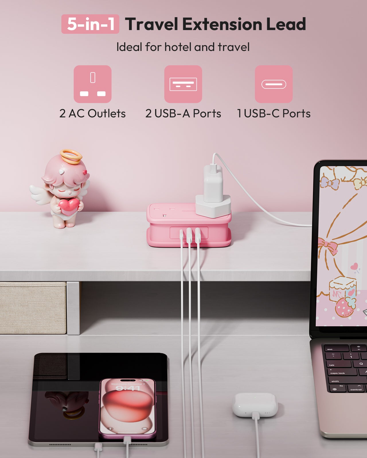 NTONPOWER UK Travel Power Strip 2 Outlets 2 USB-A 1 USB-C Travel & Hotel