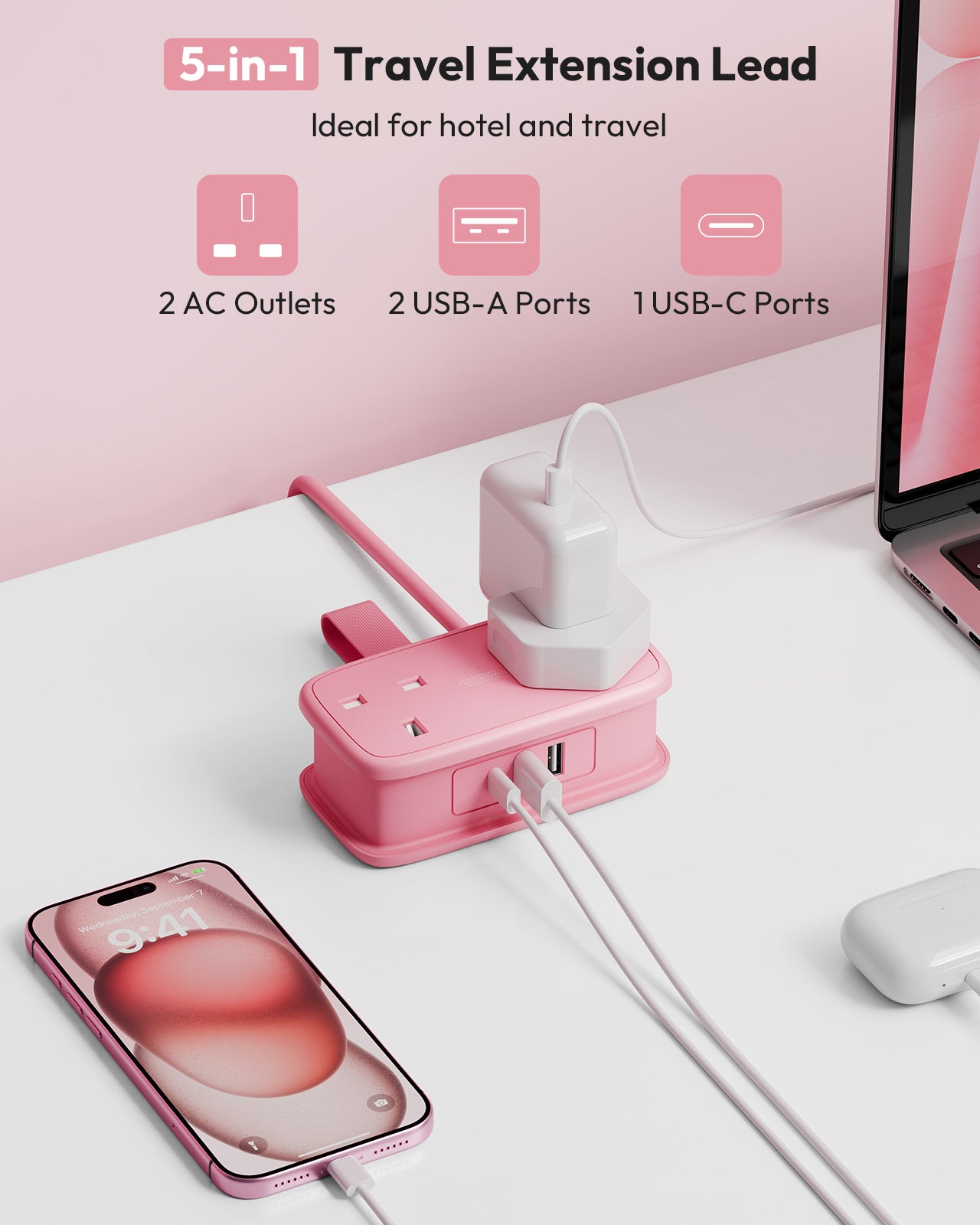 NTONPOWER UK Travel Power Strip 2 Outlets 2 USB-A 1 USB-C Travel & Hotel