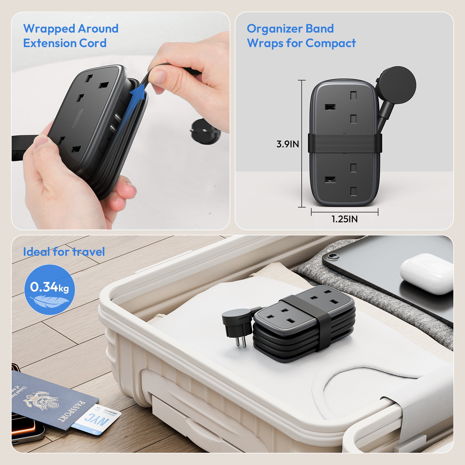 NTONPOWER UK to European Travel Power Strip 2 Outlets 2 USB-A 1 USB-C