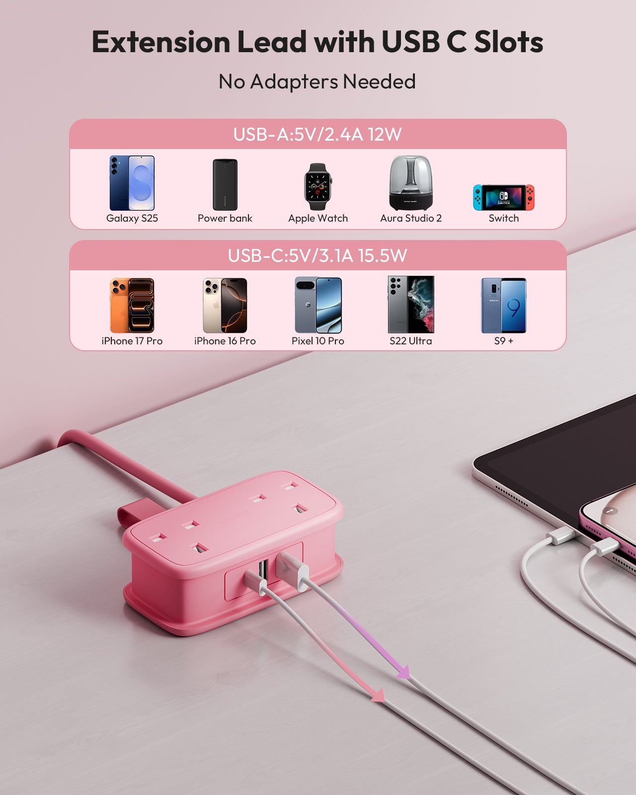 NTONPOWER UK Travel Power Strip 2 Outlets 2 USB-A 1 USB-C Travel & Hotel