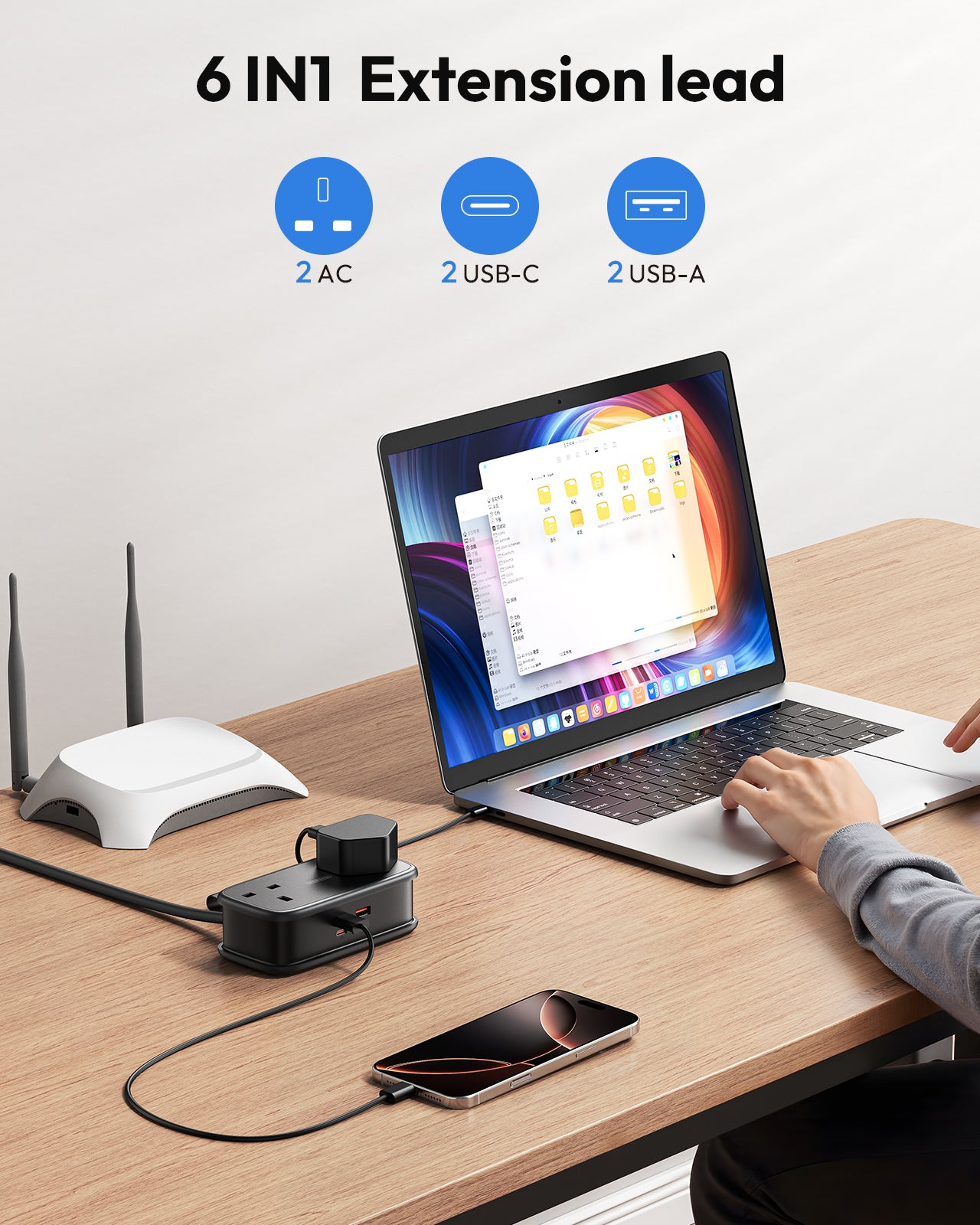 Ntonpower UK 65W Travel Power Strip 2 Outlets 2 USB-A 2 USB-C