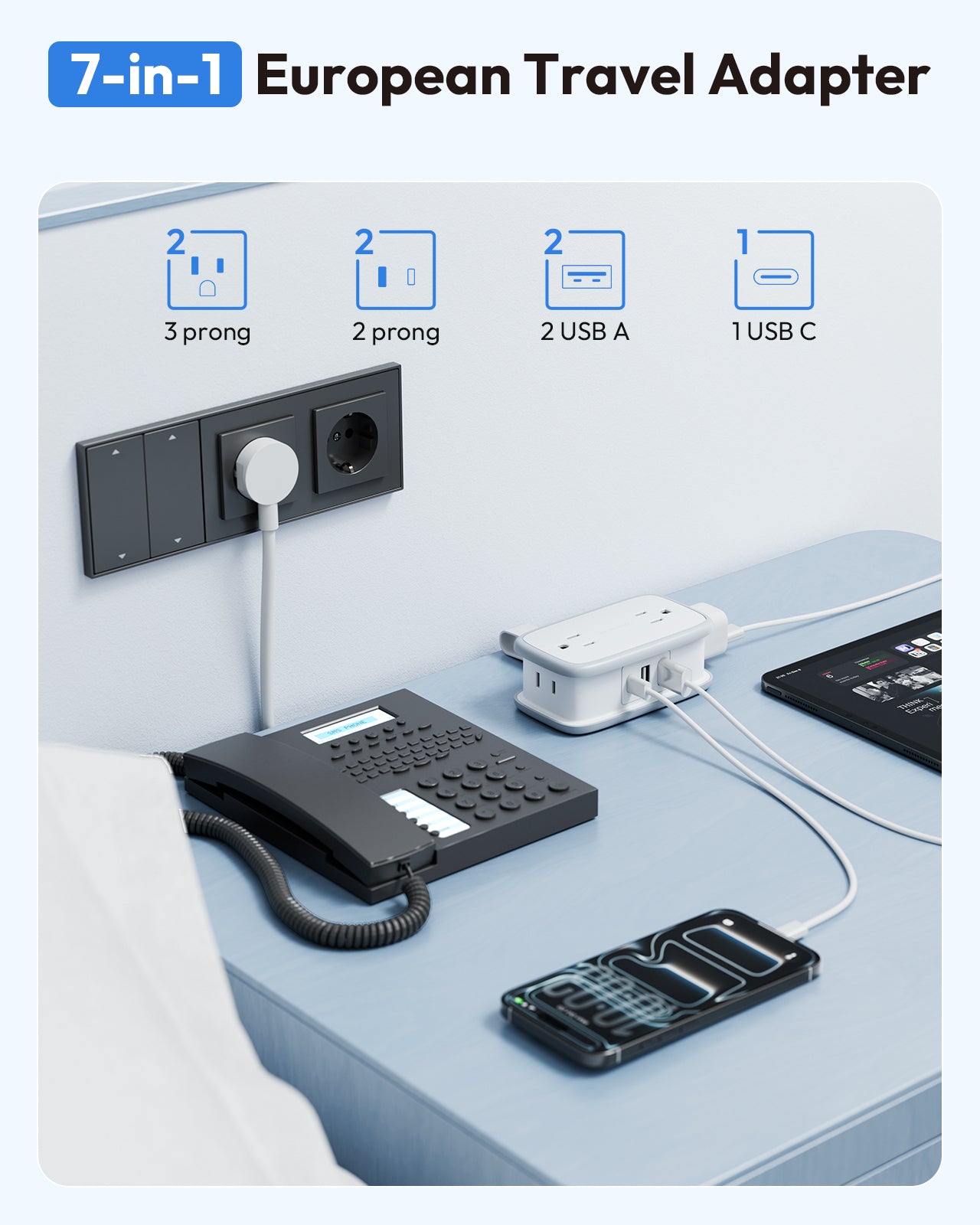NTONPOWER US to Europe Plug Adapter 4 Outlets 2USB A 1 USB C