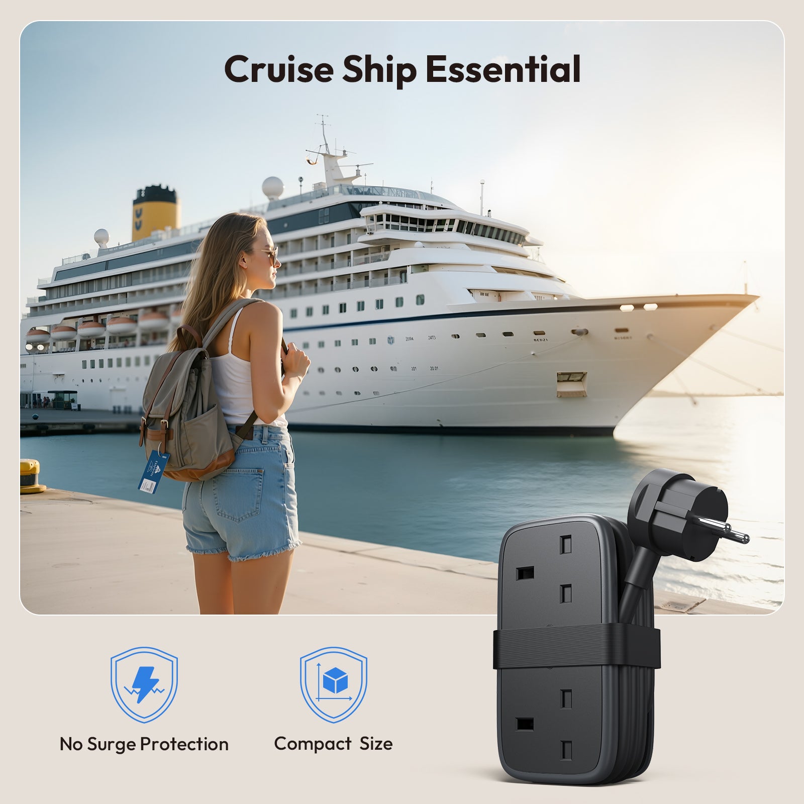 NTONPOWER UK to European Travel Power Strip 2 Outlets 2 USB-A 1 USB-C