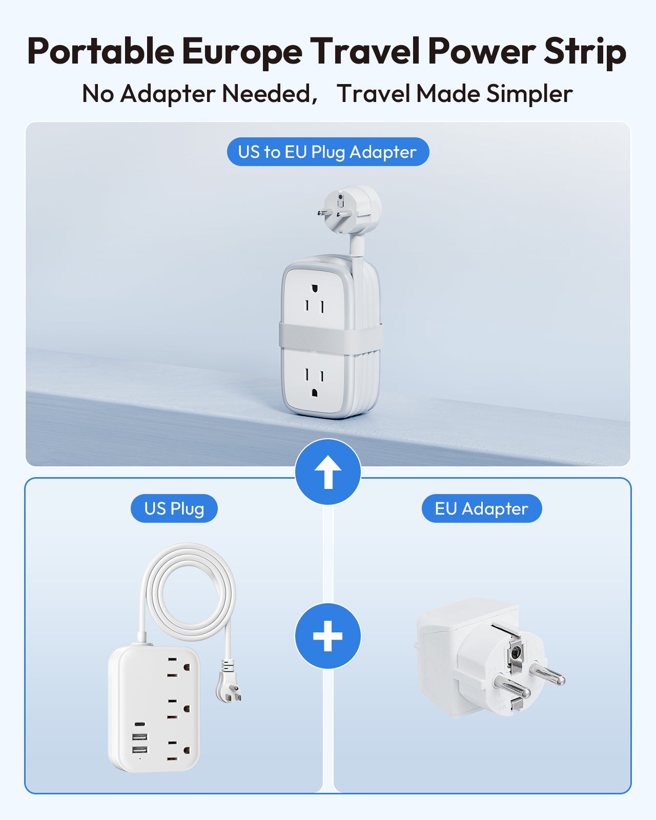 NTONPOWER US to Europe Plug Adapter 4 Outlets 2USB A 1 USB C