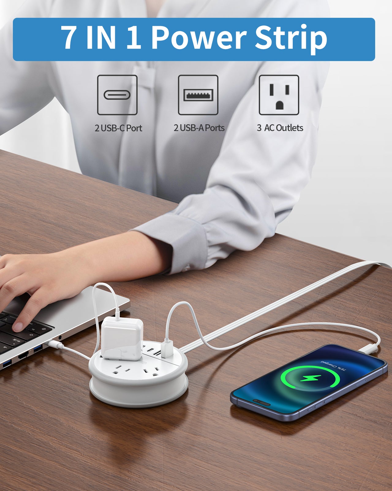 NTONPOWER New Flat Plug Extension Cord 2 USB C Travel Power Strip