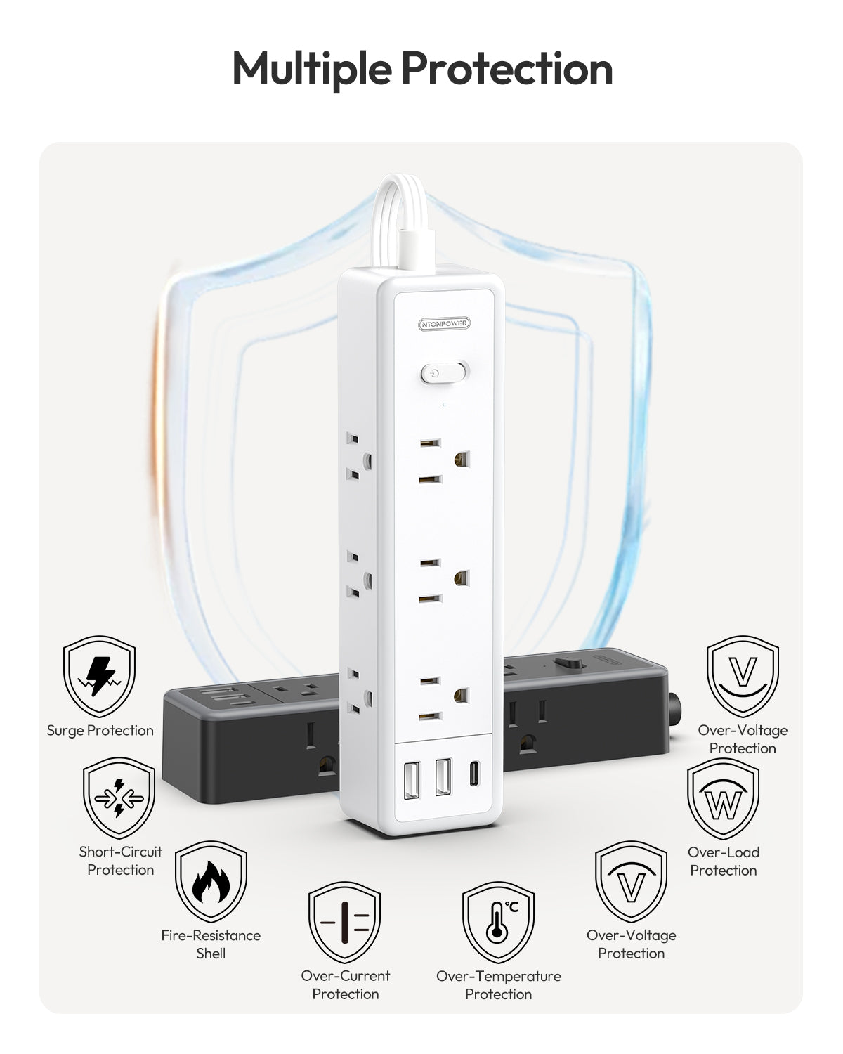 Ntonpower Surge Protector Power Strip 9 Outlets 2 USB-A 1 USB-C