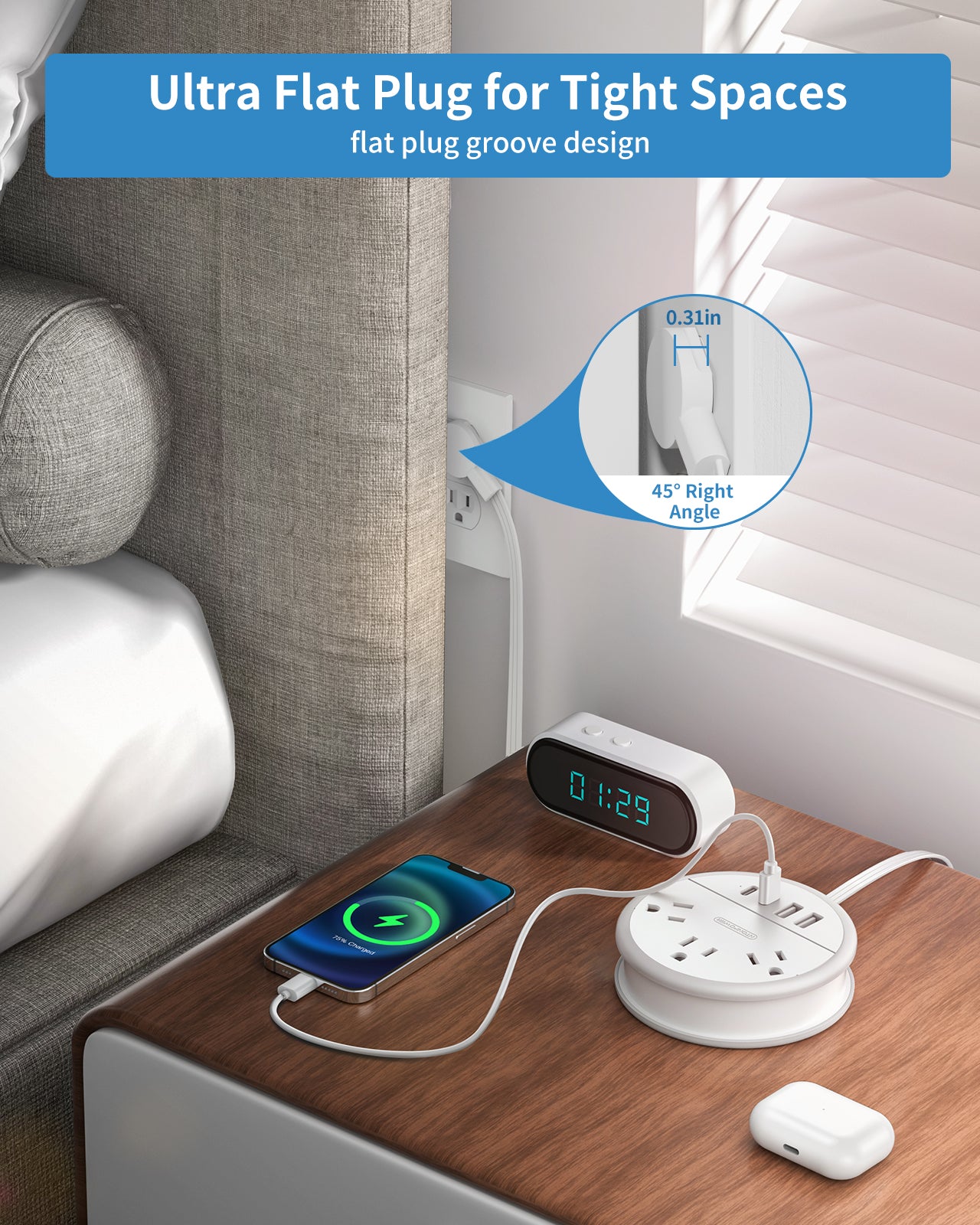 NTONPOWER New Flat Plug Extension Cord 2 USB C Travel Power Strip