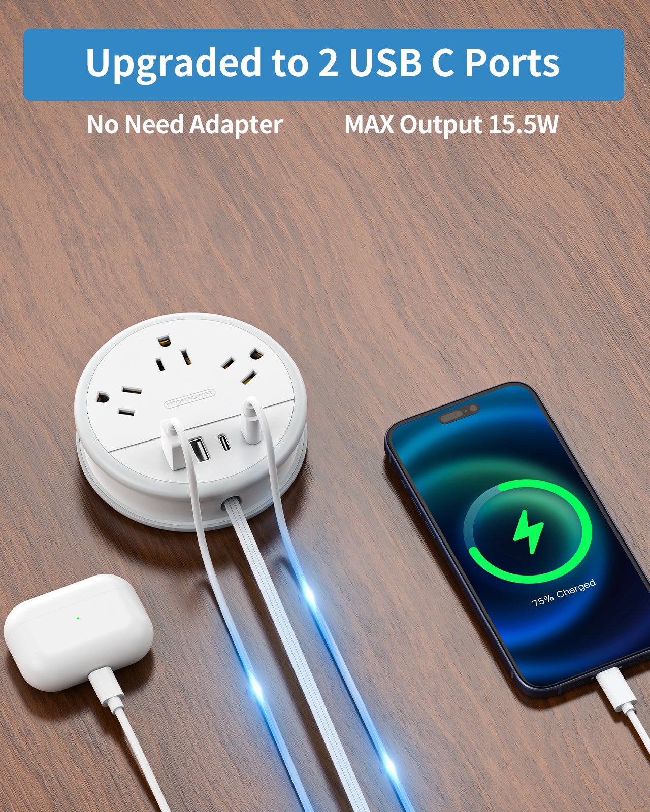 NTONPOWER New Flat Plug Extension Cord 2 USB C Travel Power Strip