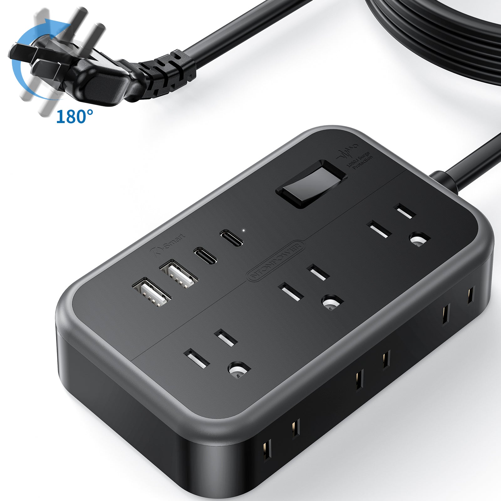 Ntonpower New Surge Basic Power Strip 6 Outlets 2 USB 2 TYPE-C Flat Cord