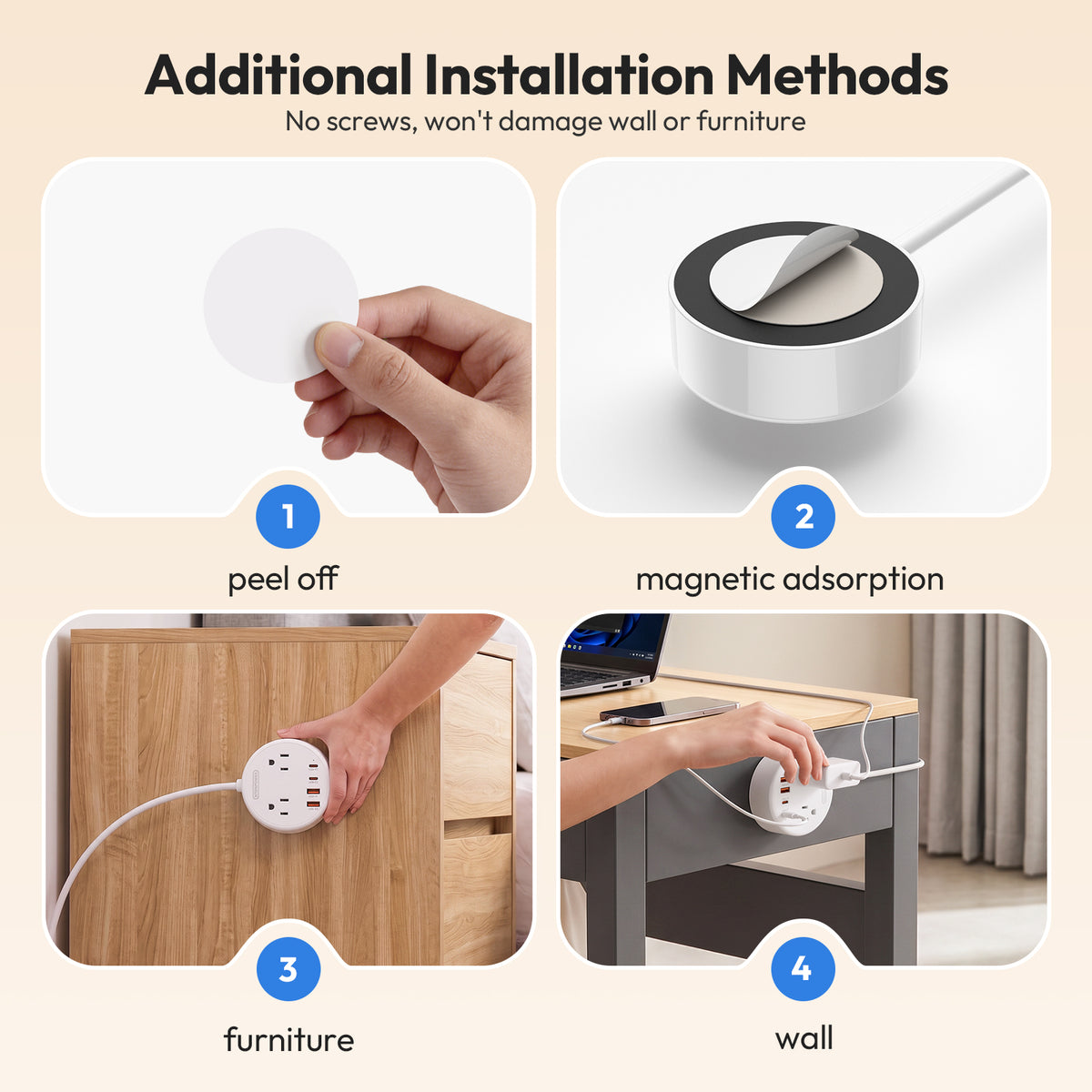 NTONPOWER Magnetic Power Strip 2 Outlets 4 USB Ports (2 Type C)