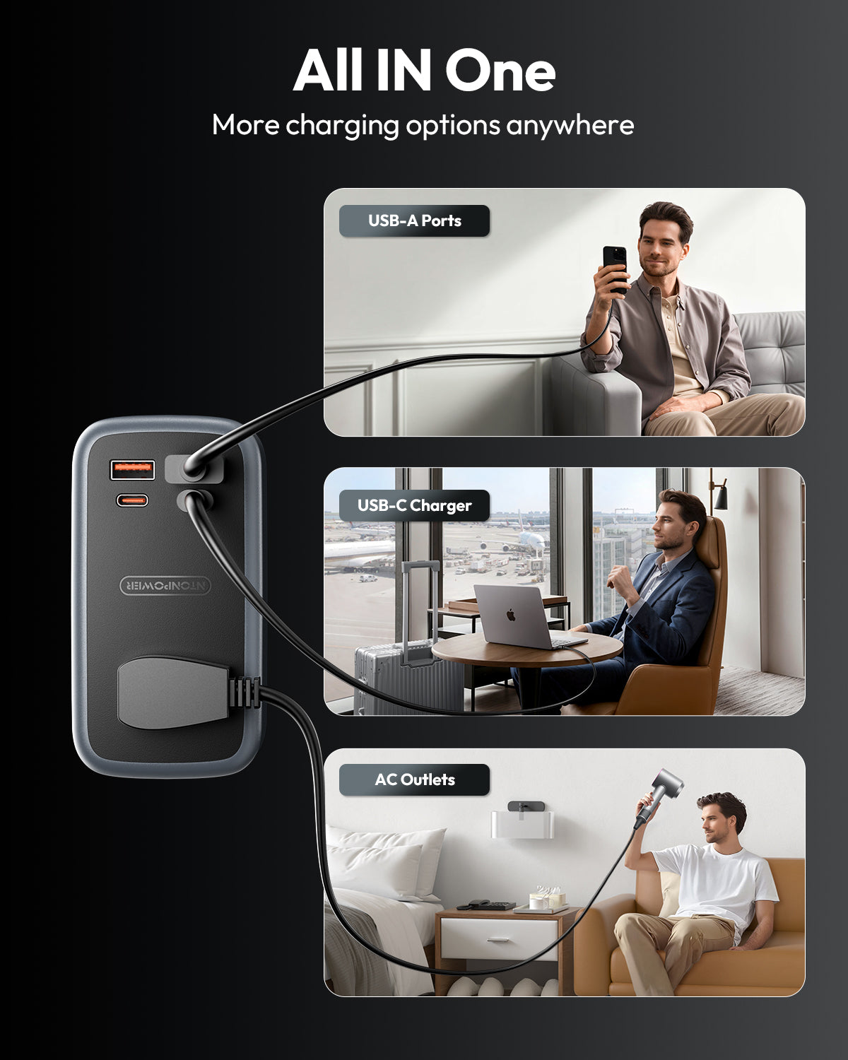 NTONPOWER GAN Ultra 65W USB Power Strip, 3 Outlets 2 USB-A 2 USB-C