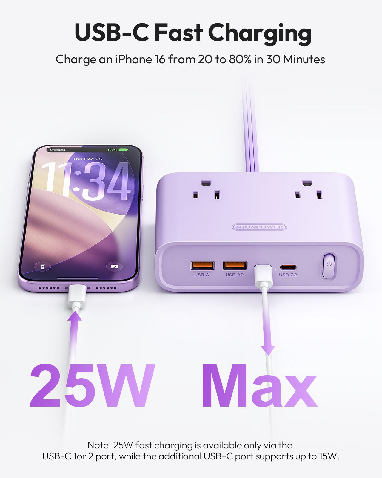Ntonpower Purple Power Strip 4 Outlets 2 USB-A 2 Type C