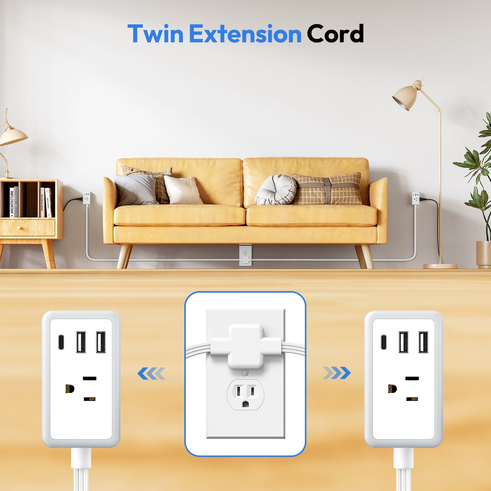 NTONPOWER Double Extension Cord 12 FT Power Strip 3 Outlets 3 USB