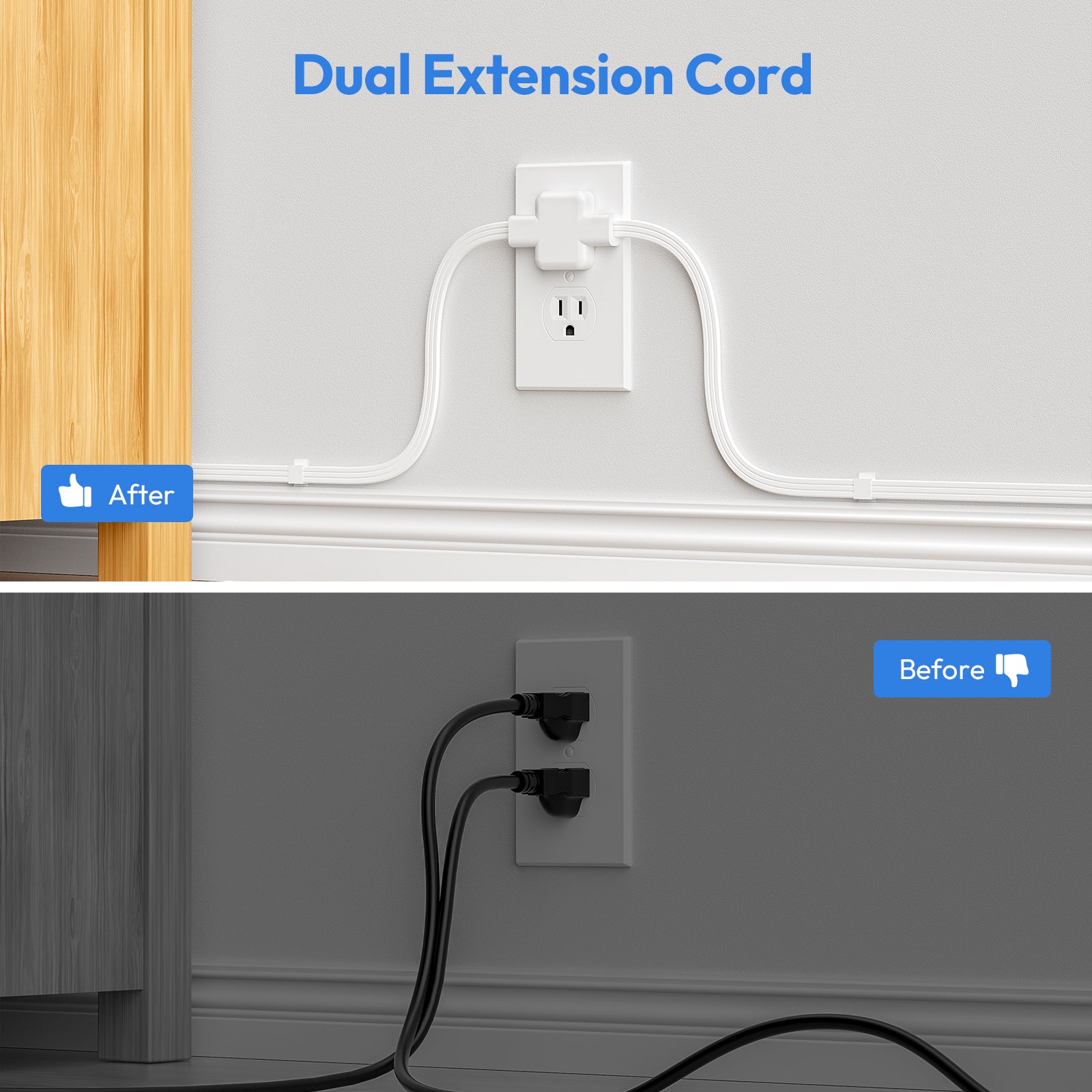 NTONPOWER Double Extension Cord 12 FT Power Strip 3 Outlets 3 USB
