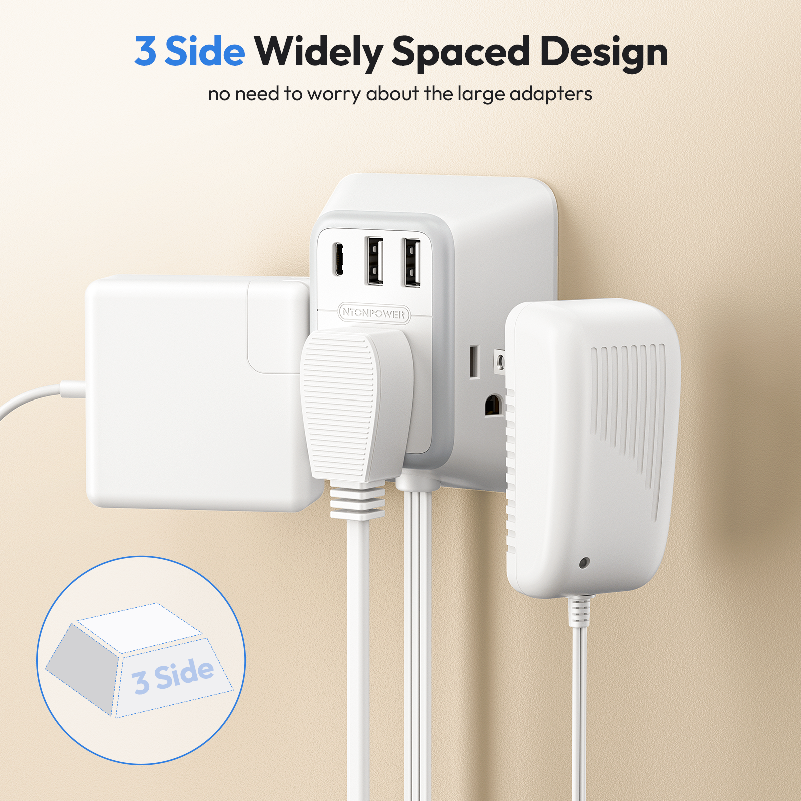 NTONPOWER Split Extension Cord 12FT Power Strip 3 Outlets 2 USB A 1 Type C