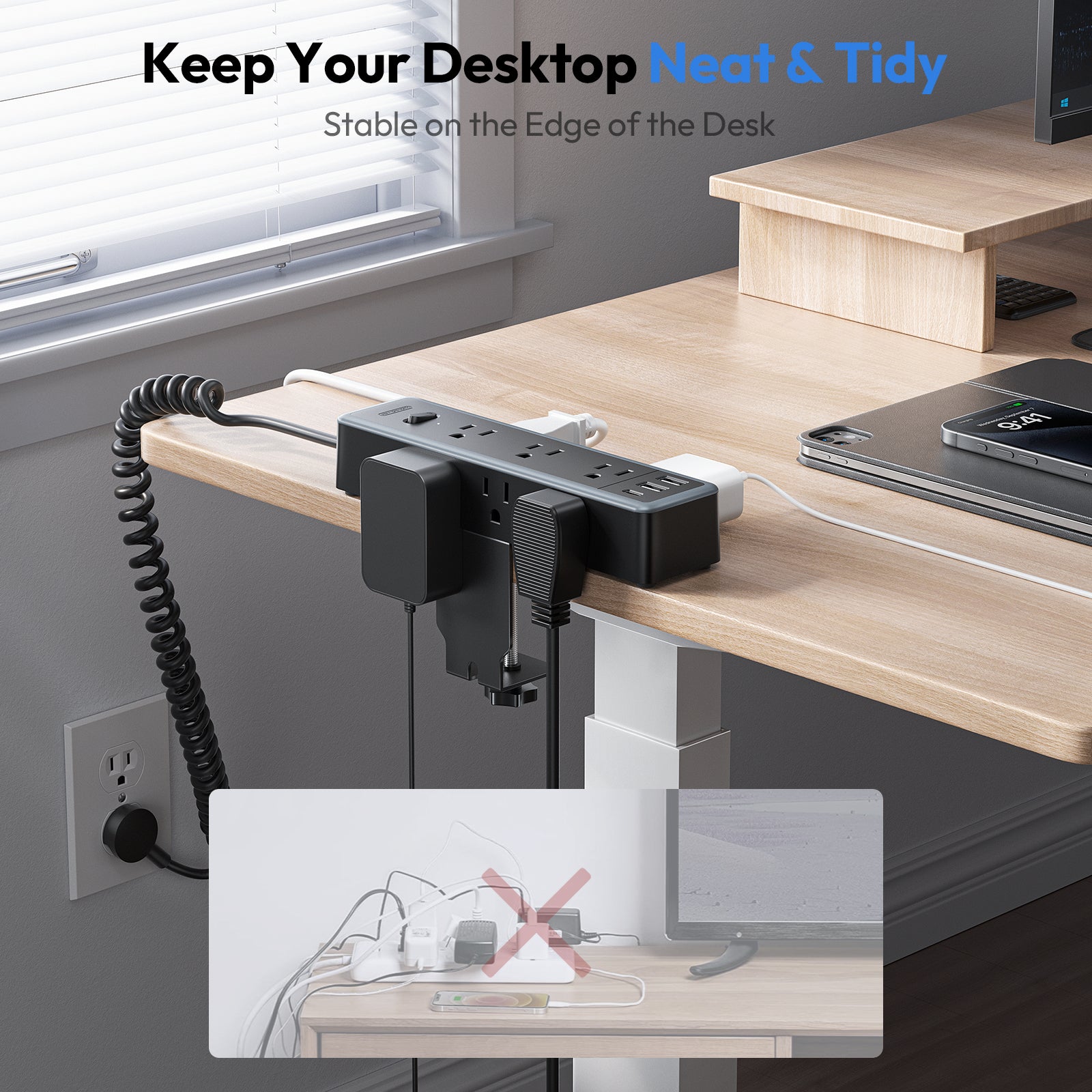 NTONPOWER Standing Desk Power Strip 9 Outlets 2 USB-A 1 USB-C