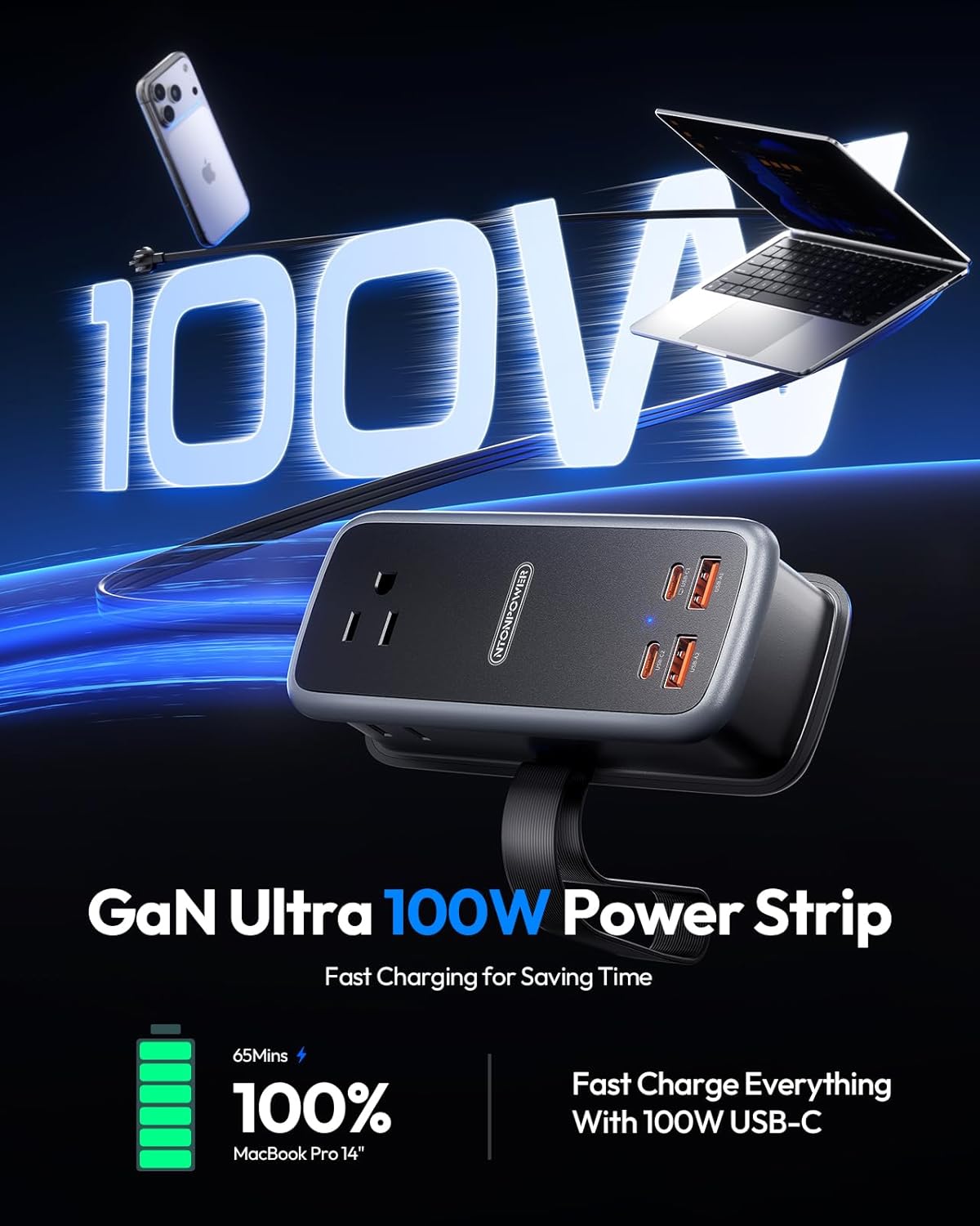NTONPOWER GAN Ultra 100W USB Power Strip, 3 Outlets 2 USB-A 2 USB-C