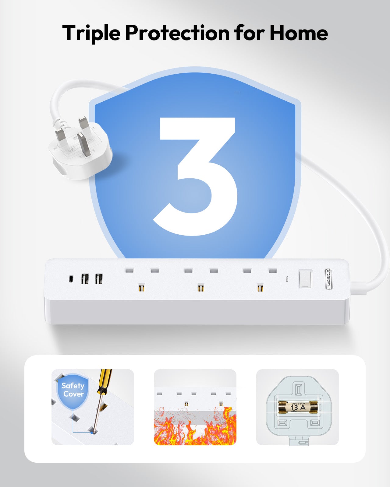 Ntonpower UK Surge Protector 3 Outlets 3 USB Ports(1 Type C)