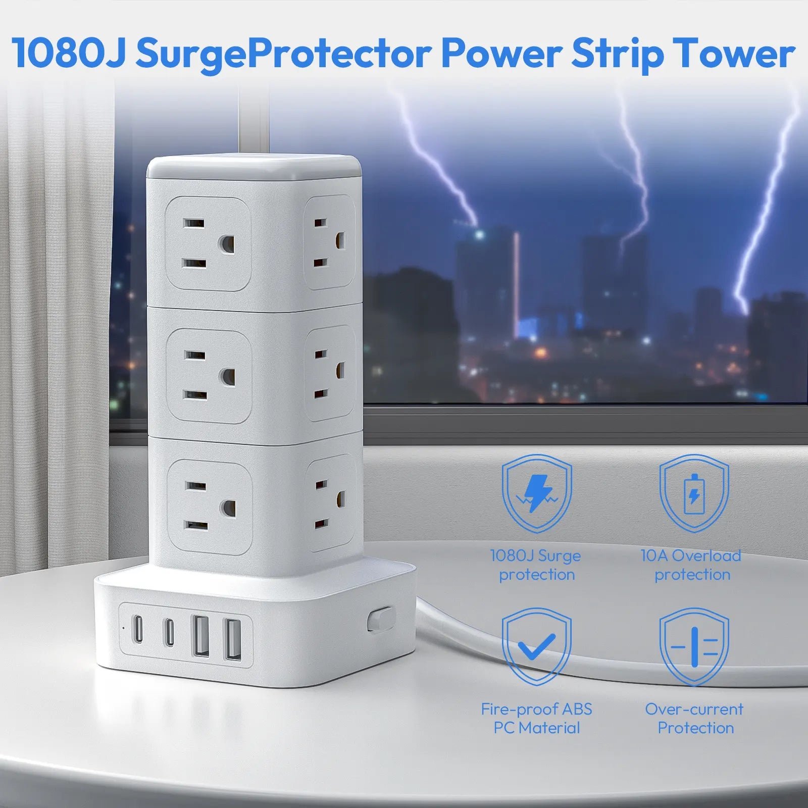 Ntonpower New Surge Protector Power Strip Tower 12 Outlets 2 USB-A 2 USB-C