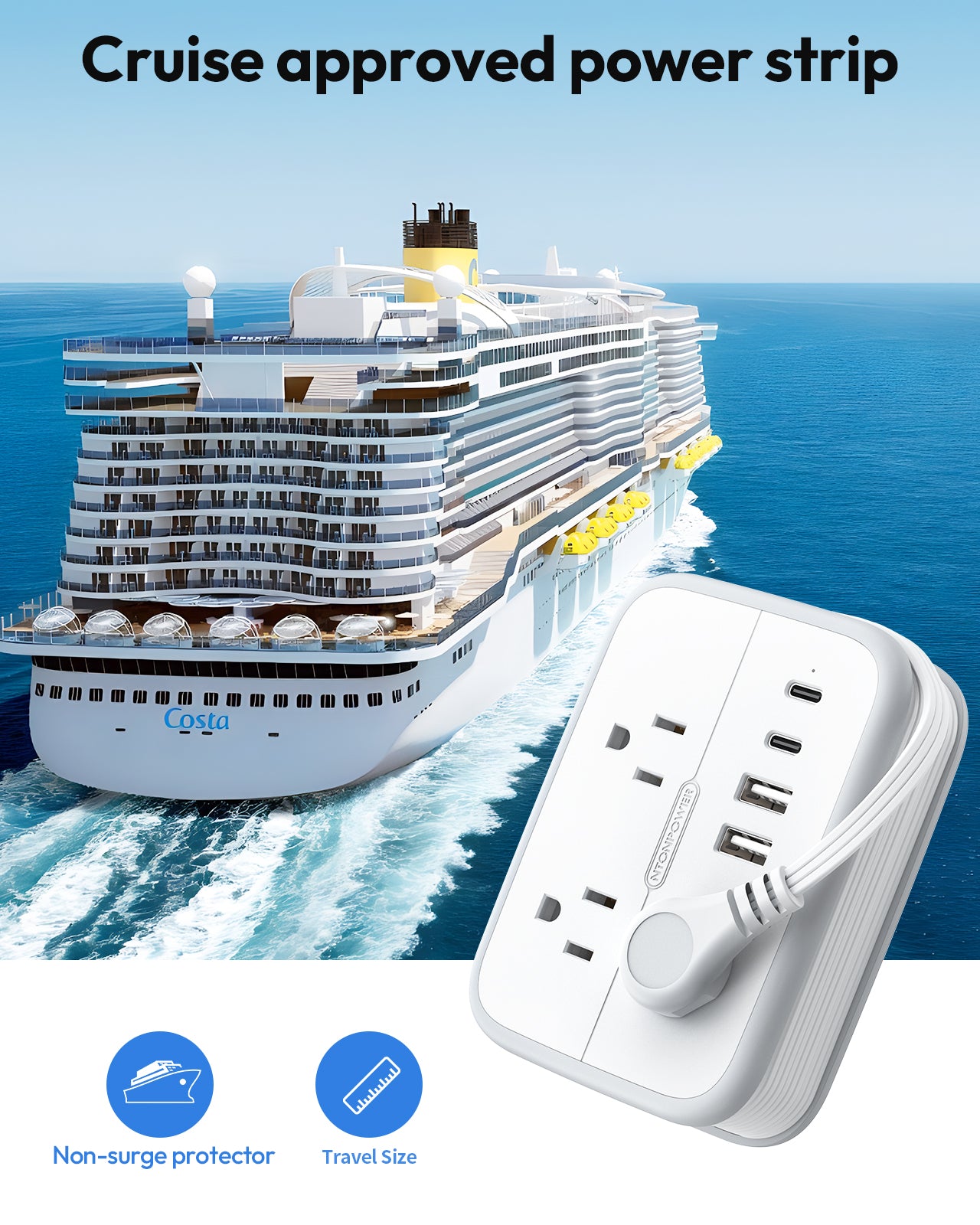 NTONPOWER Travel Power Strip 6 Outlets 2 USB-A 2USB-C