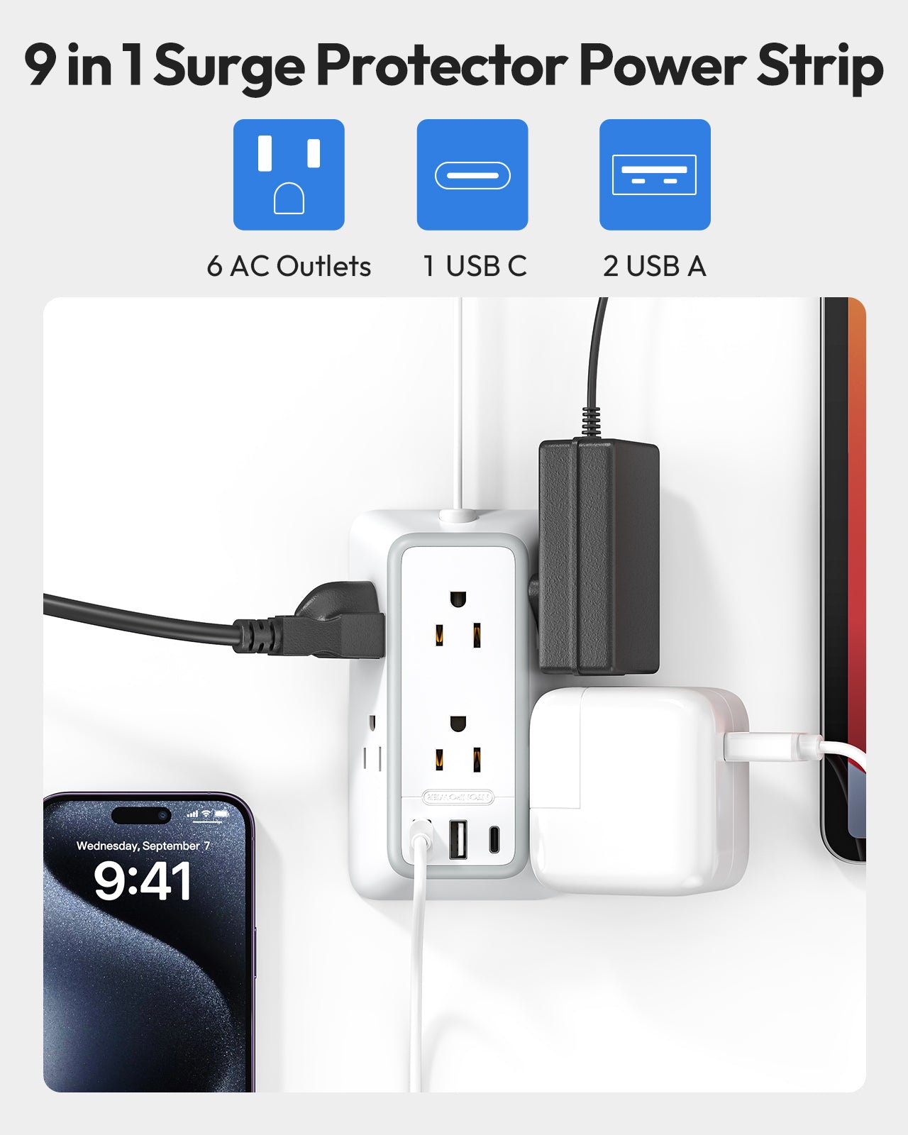 NTONPOWER 3-Sided Power Strip 6 Outlets 2 USB-A 1 USB-C