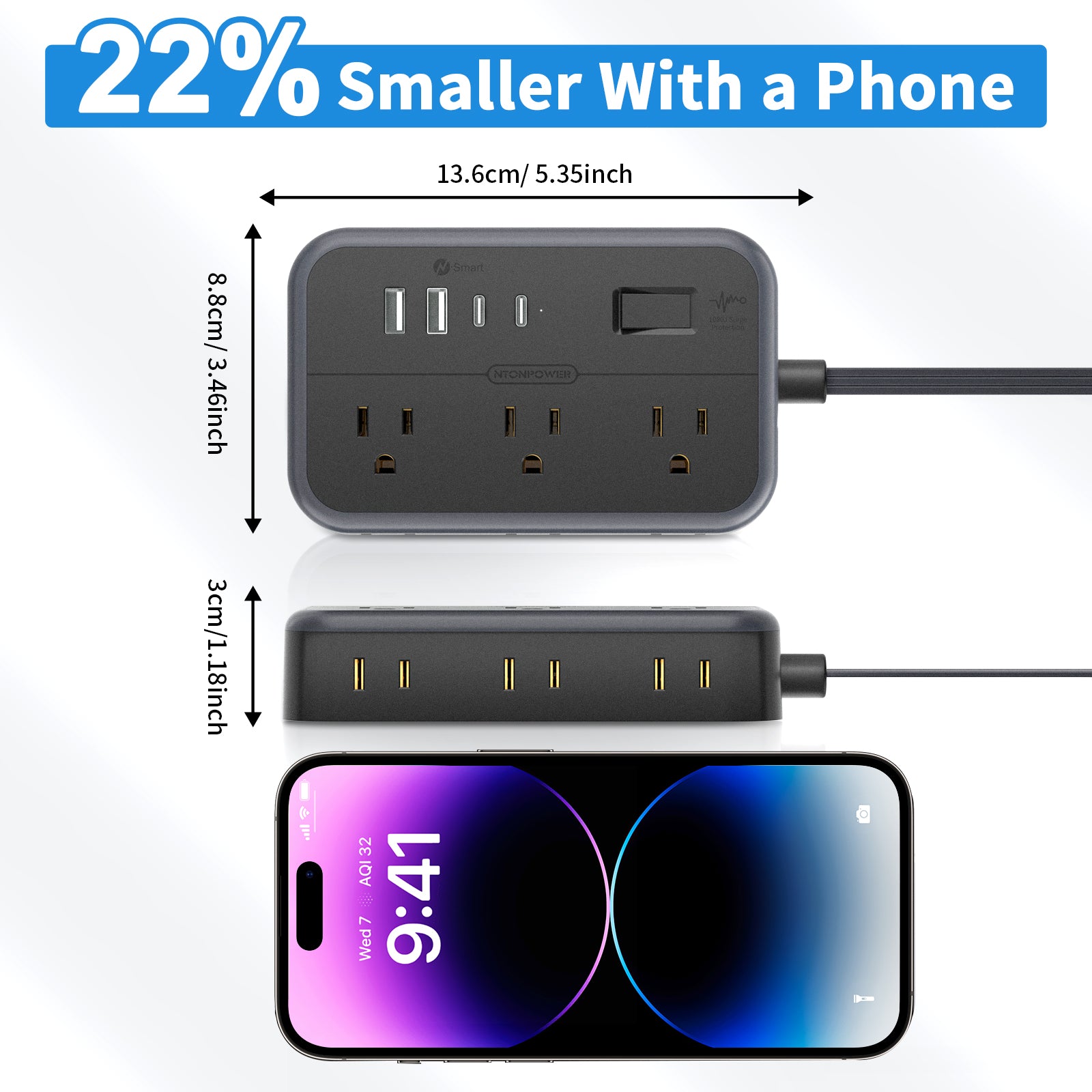 Ntonpower Neue 6 Steckdosen 2 USB 2 TYPE-C Flachstecker-Steckdosenleiste 