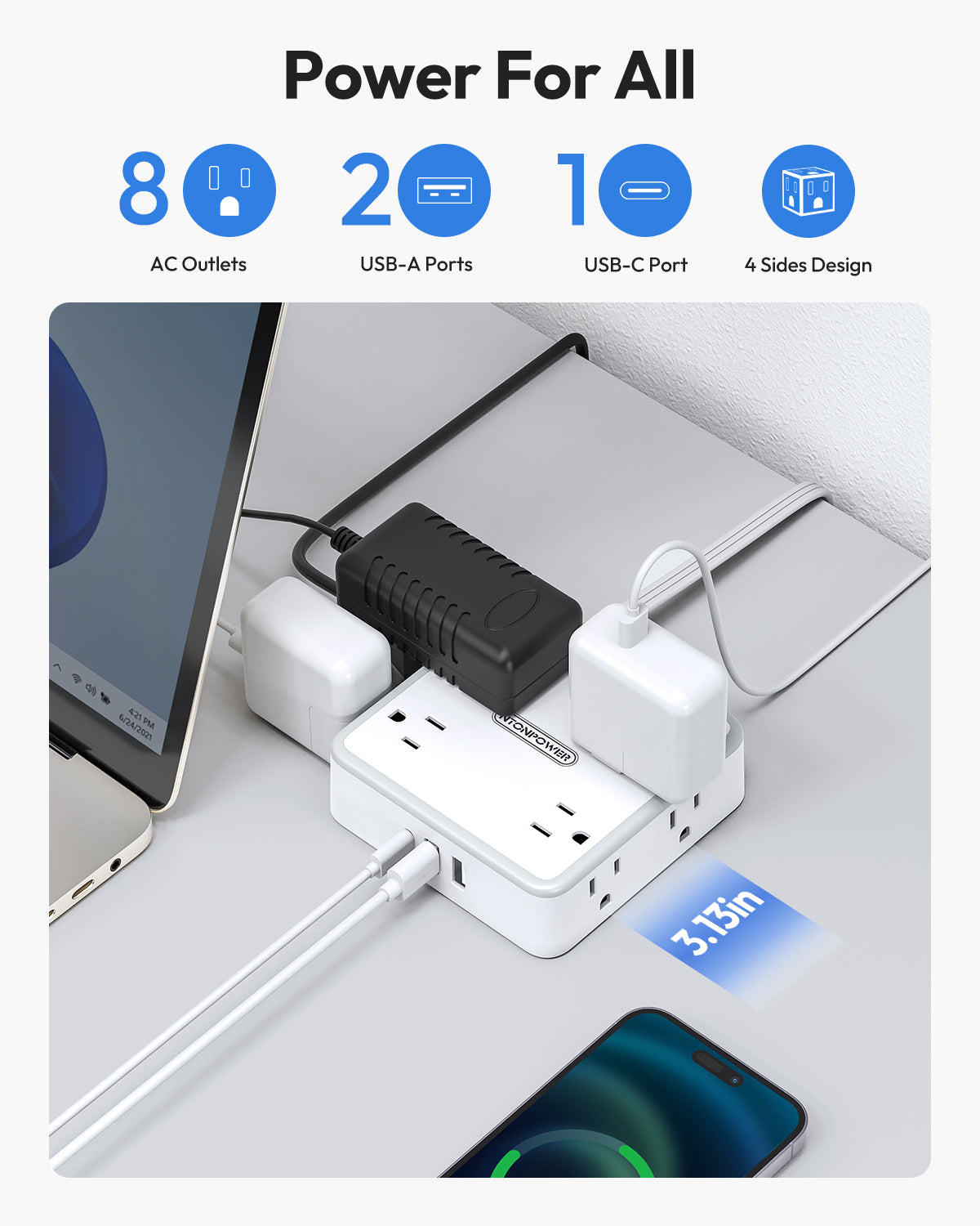 Ntonpower Widecube Power Strip 8 Outlets 2 USB-A 1 USB-C