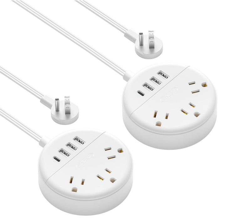2 Pack Travel Power Strip, NTONPOWER Flat Plug Power Strip with USB, 3 Outlet 4 USB Desktop Charging Station with 5ft Power Cord Wall Mount for Cruise, Travel, Hotel, Nightstand and Office, White