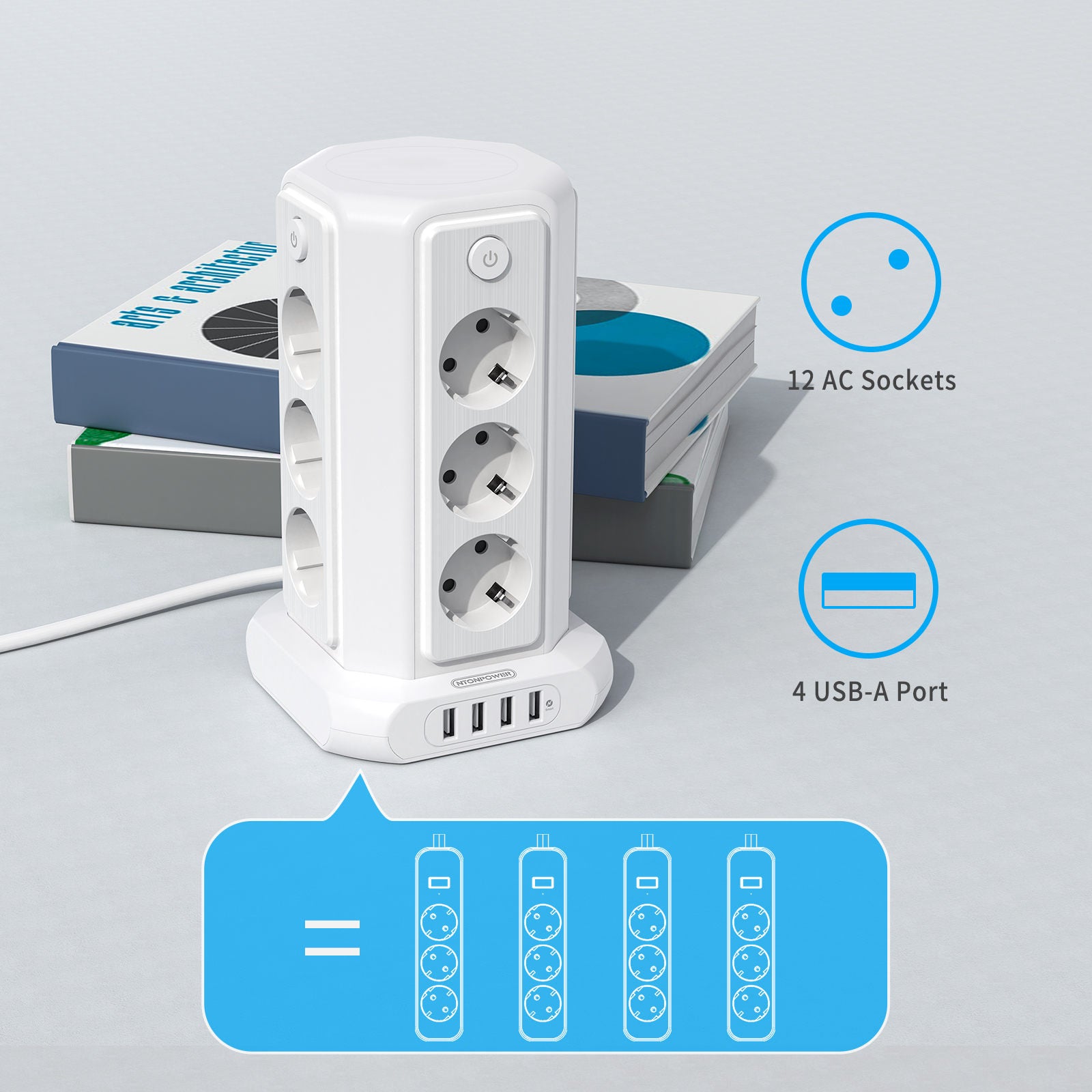 Ntonpower EU Surge Protection Power Strip Tower 12 Outlets 4 USB 1080J