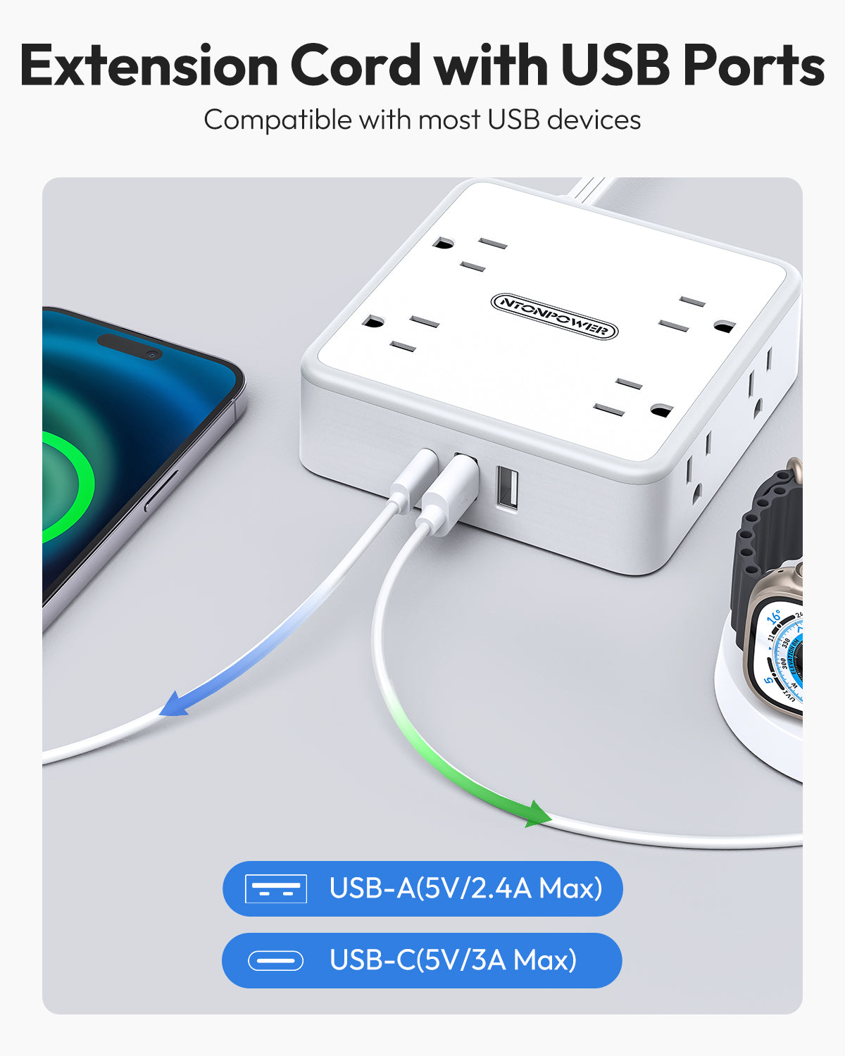 Ntonpower Widecube Power Strip 8 Outlets 2 USB-A 1 USB-C