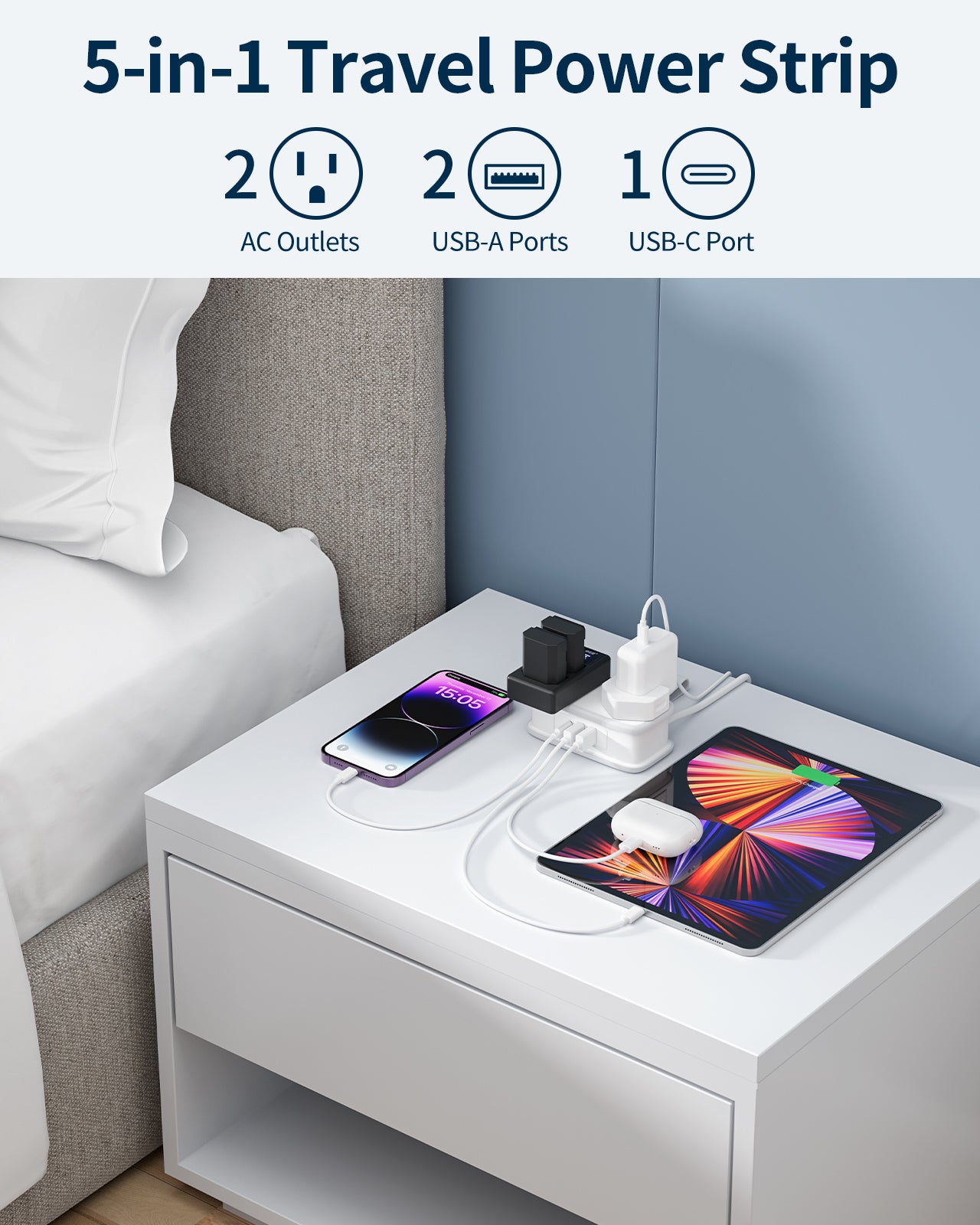 Ntonpower UK Pocket Power Strip 2 Outlets 2 USB-A 1 USB-C Travel & Hotel