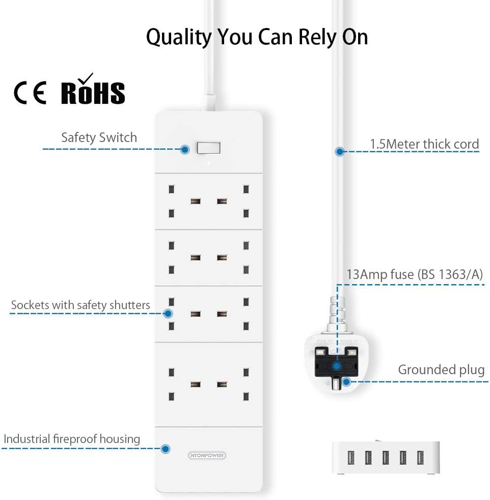 Ntonpower UK Surge Protector 8 Outlets 5 USB Ports