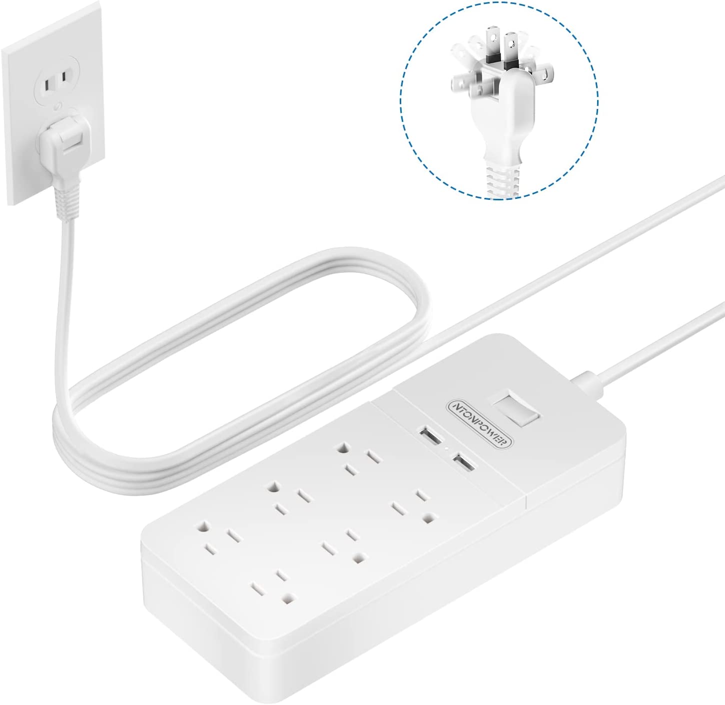 Ntonpower New Surge Protector 2100J 6 Outlets 2 USB Rotating Plug