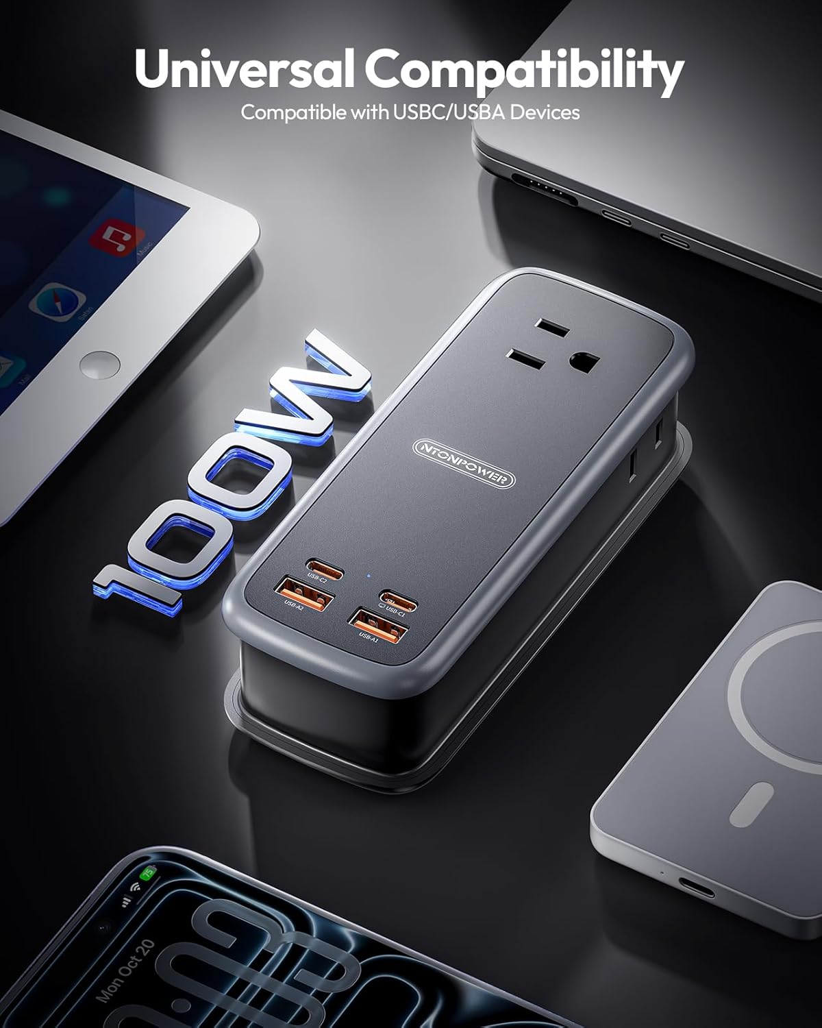 NTONPOWER GAN Ultra 100W USB Power Strip, 3 Outlets 2 USB-A 2 USB-C