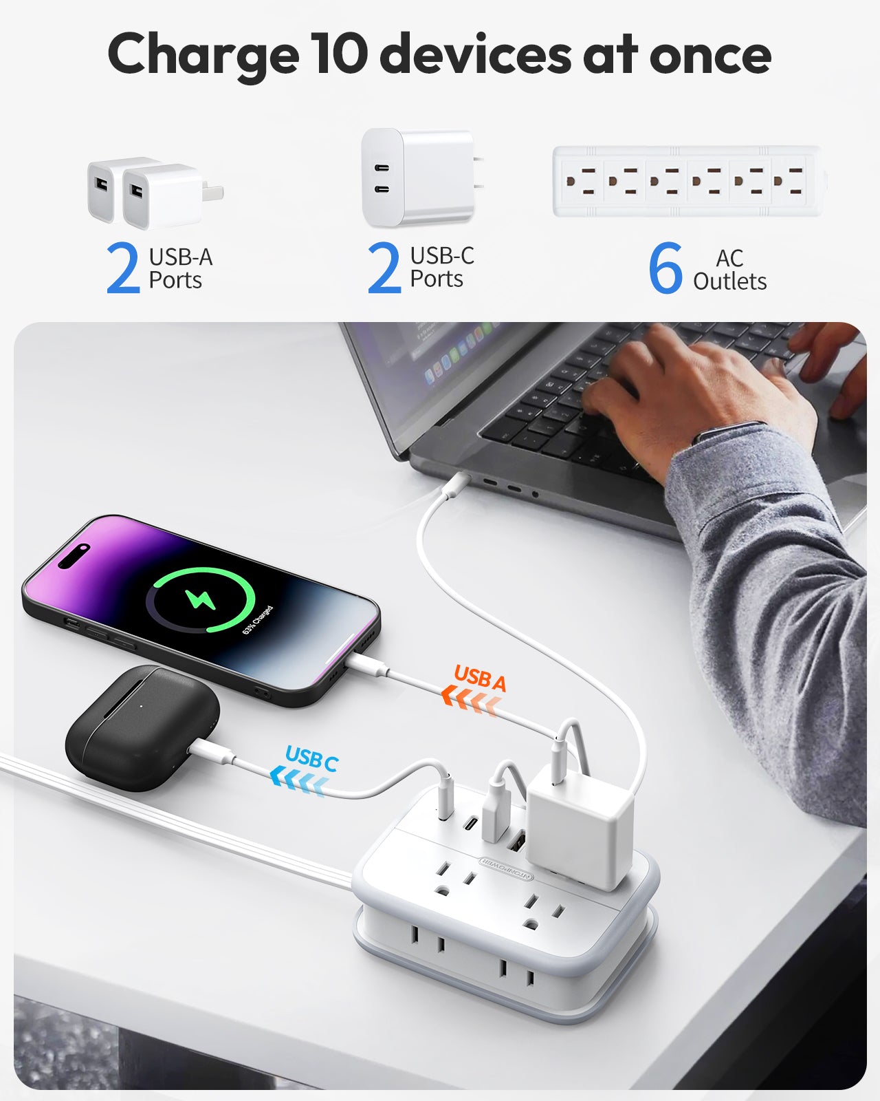 NTONPOWER Travel Power Strip 6 Outlets 2 USB-A 2USB-C