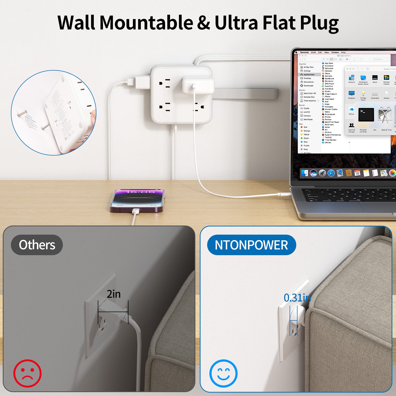 Ntonpower Power Cube Flachkabel, 8 weit auseinander liegende Steckdosen, 3 USB-Anschlüsse