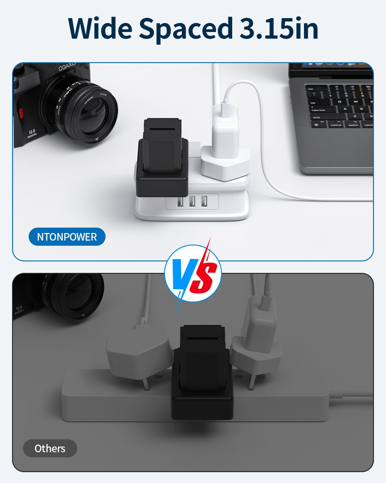Ntonpower UK Pocket Power Strip 2 Outlets 3 USB Travel & Cruise