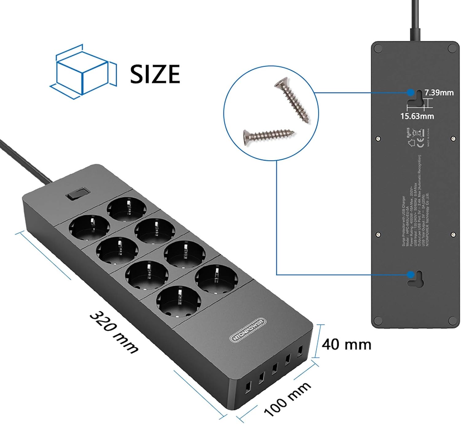 Ntonpower EU Surge Protection Power Strip 8 Outlets 5 USB-A