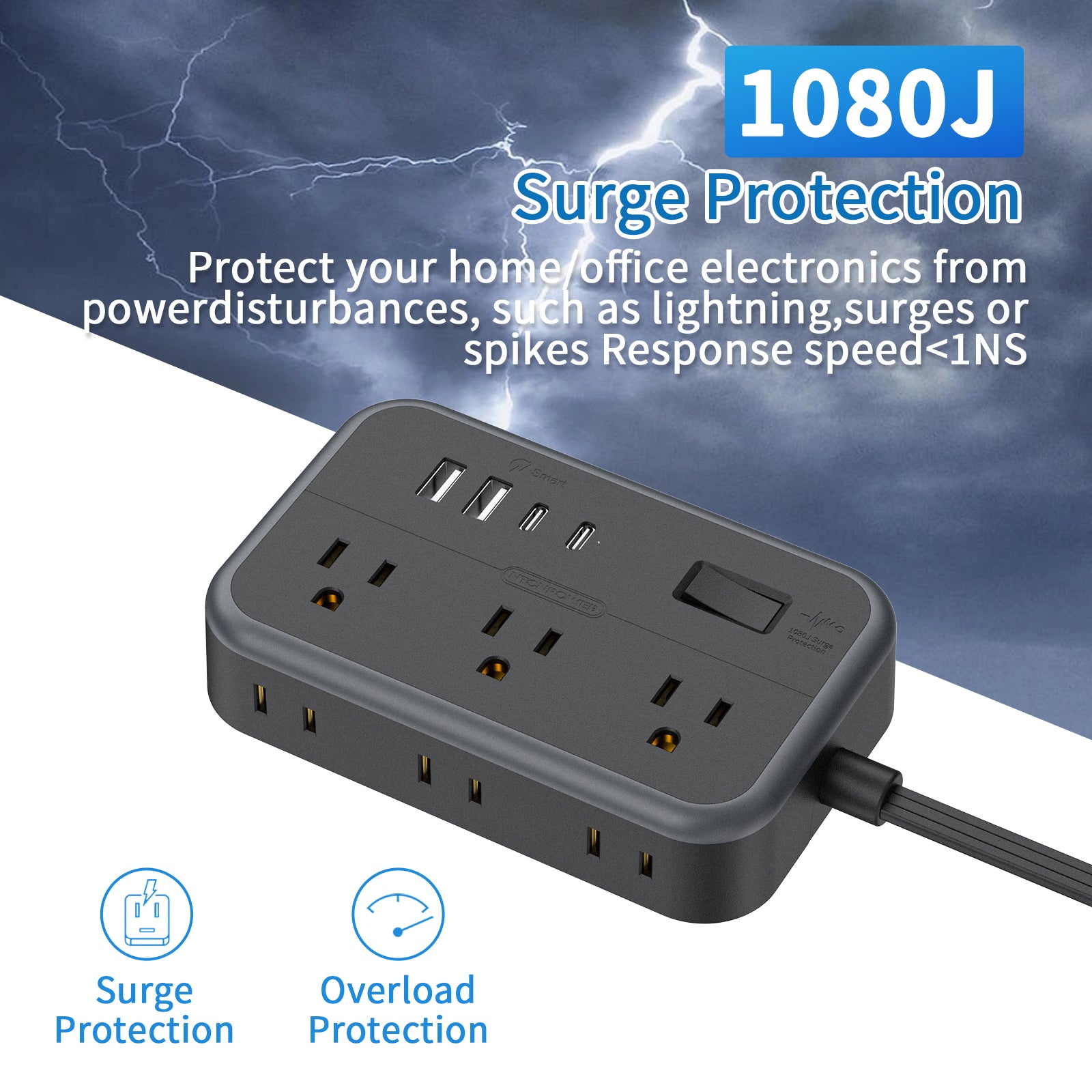 Ntonpower New Surge Basic Power Strip 6 Outlets 2 USB 2 TYPE-C Flat Cord