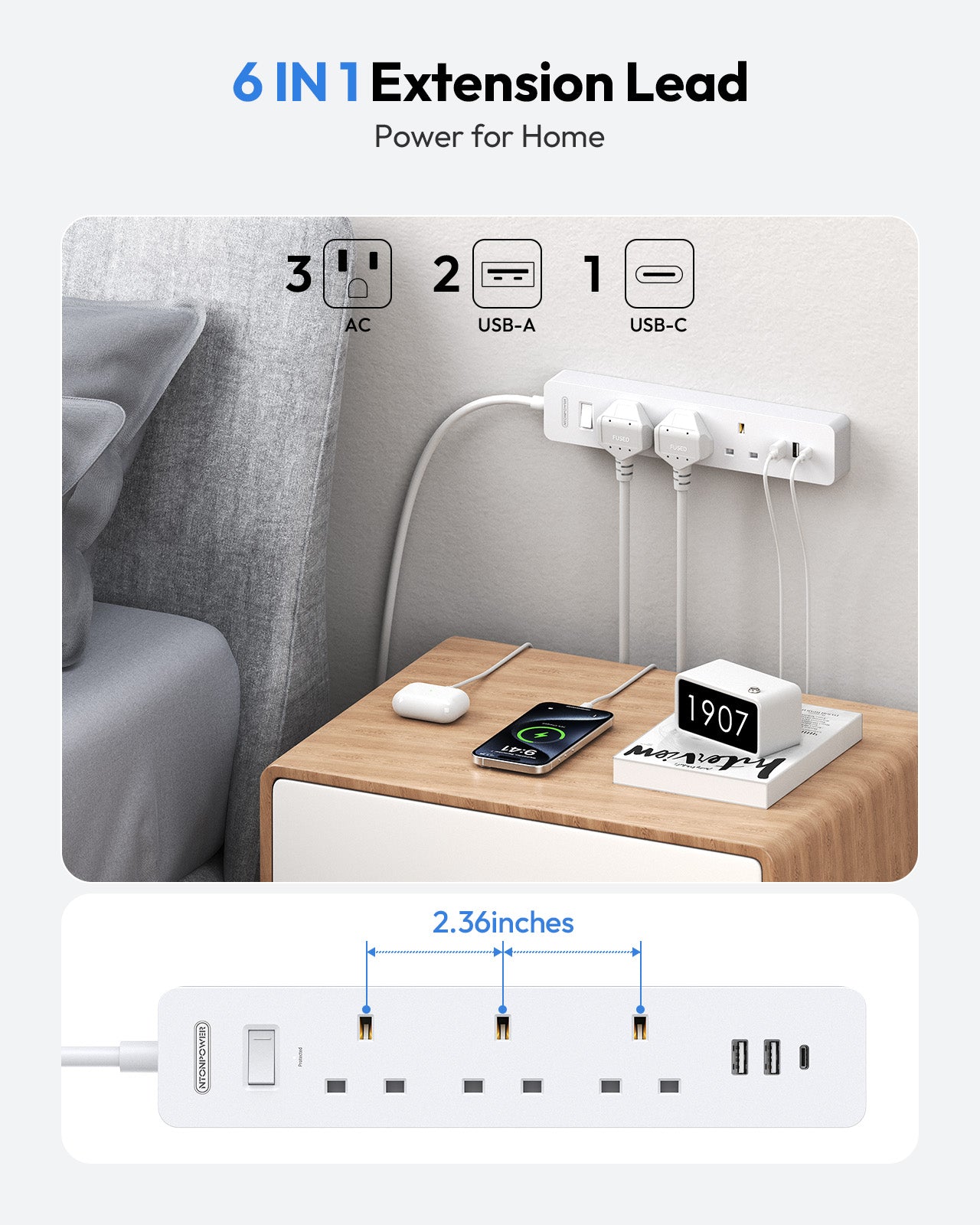 Ntonpower UK Surge Protector 3 Outlets 3 USB Ports(1 Type C)