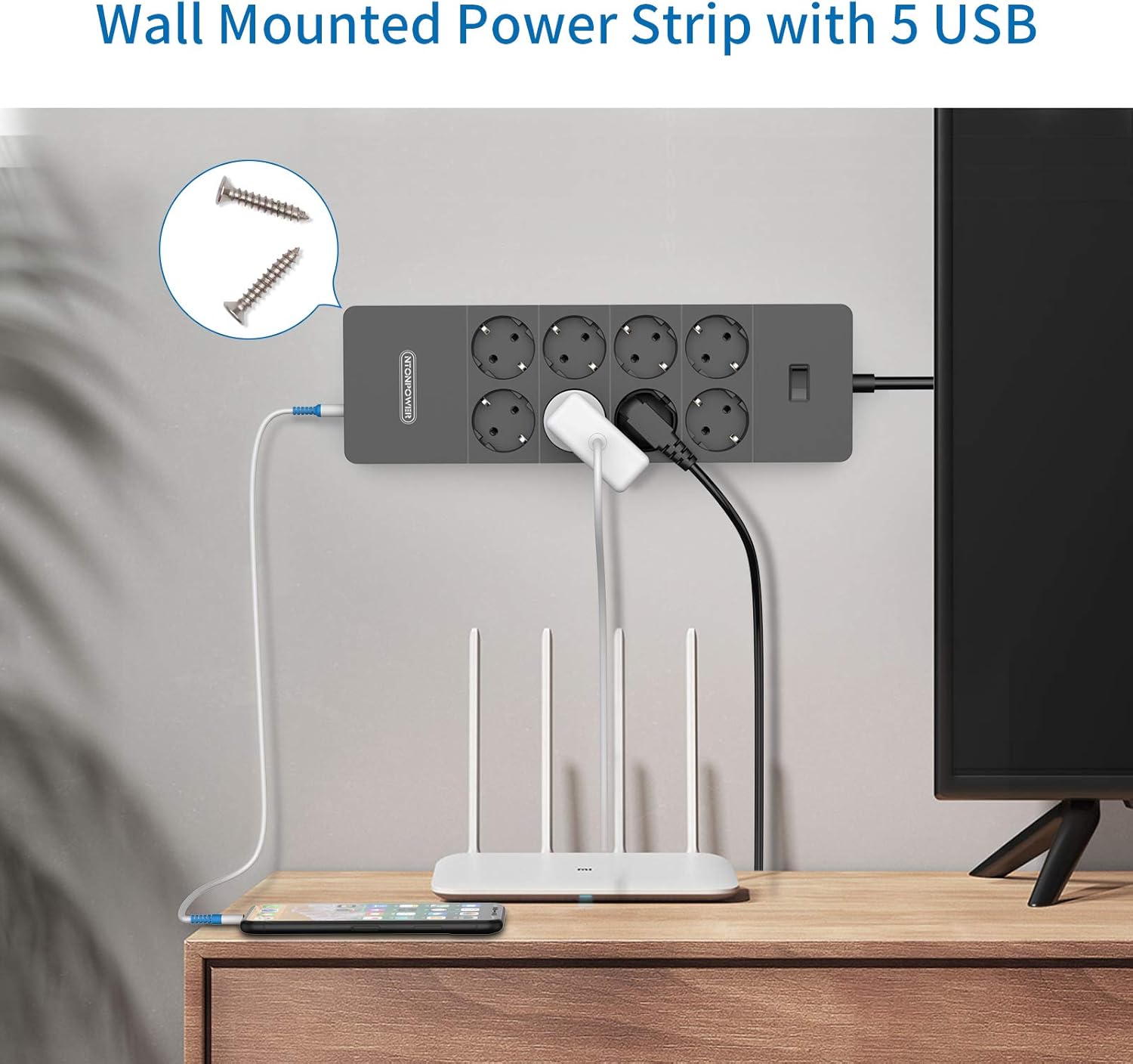 Ntonpower EU Surge Protection Power Strip 8 Outlets 5 USB-A