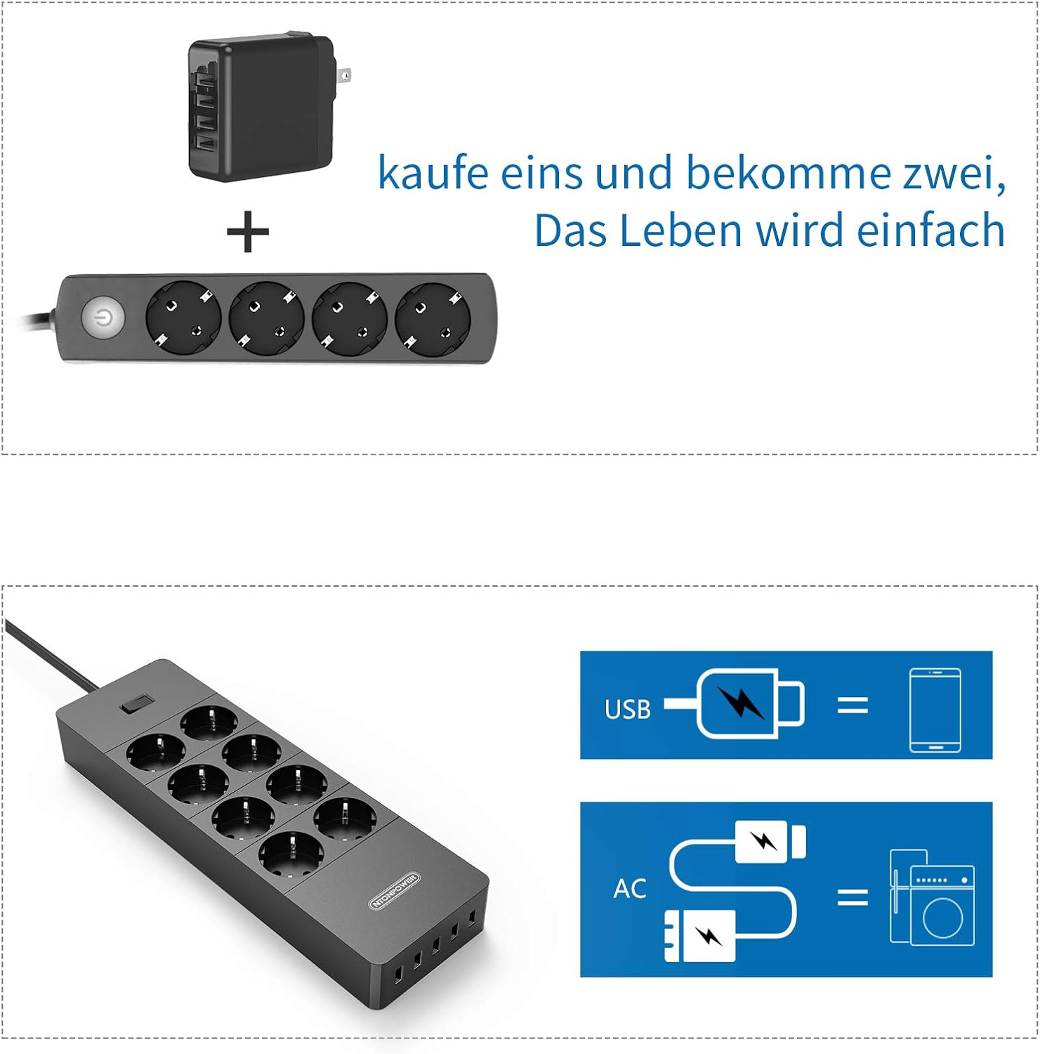Ntonpower EU Surge Protection Power Strip 8 Outlets 5 USB-A