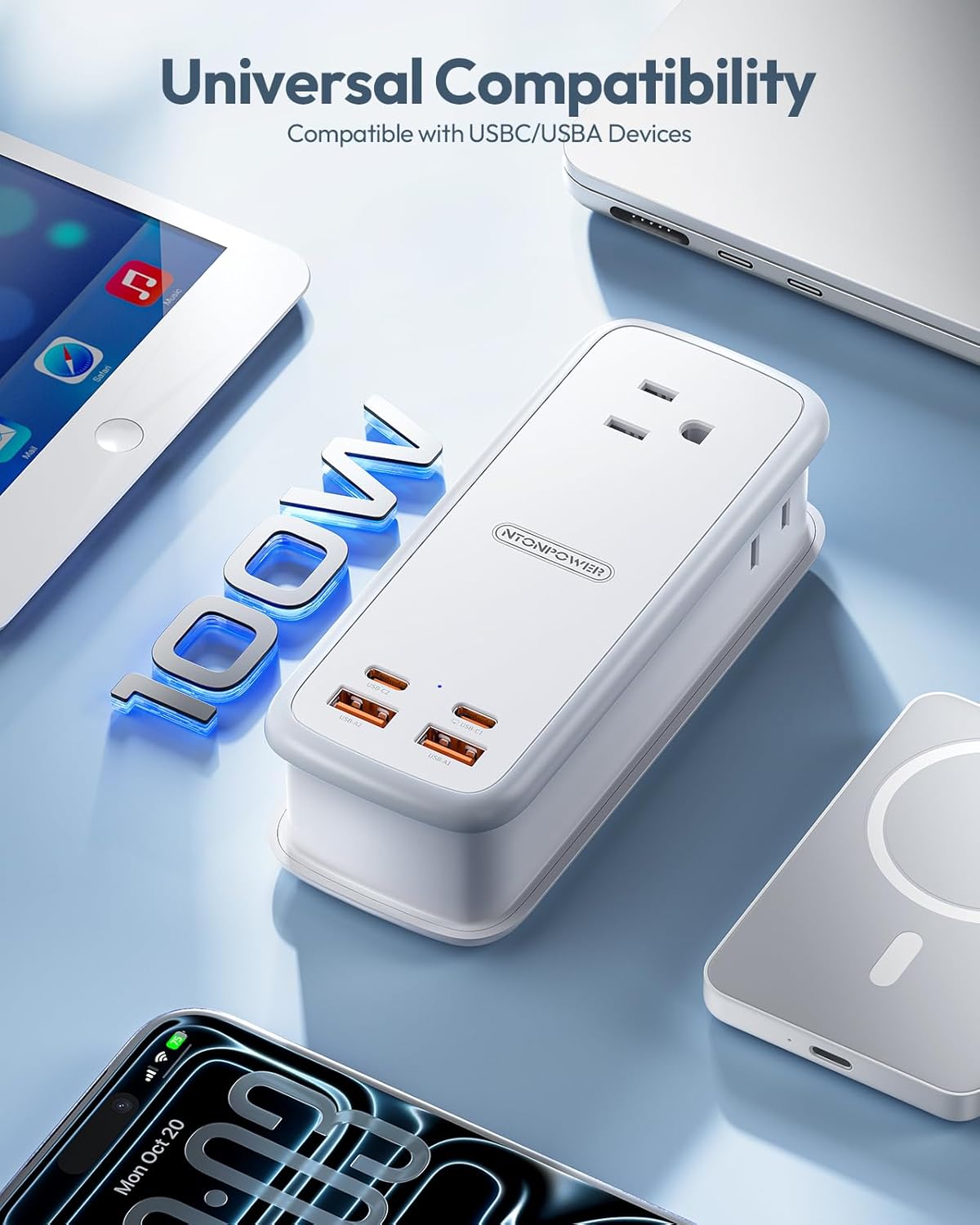 NTONPOWER GAN Ultra 100W USB Power Strip, 3 Outlets 2 USB-A 2 USB-C