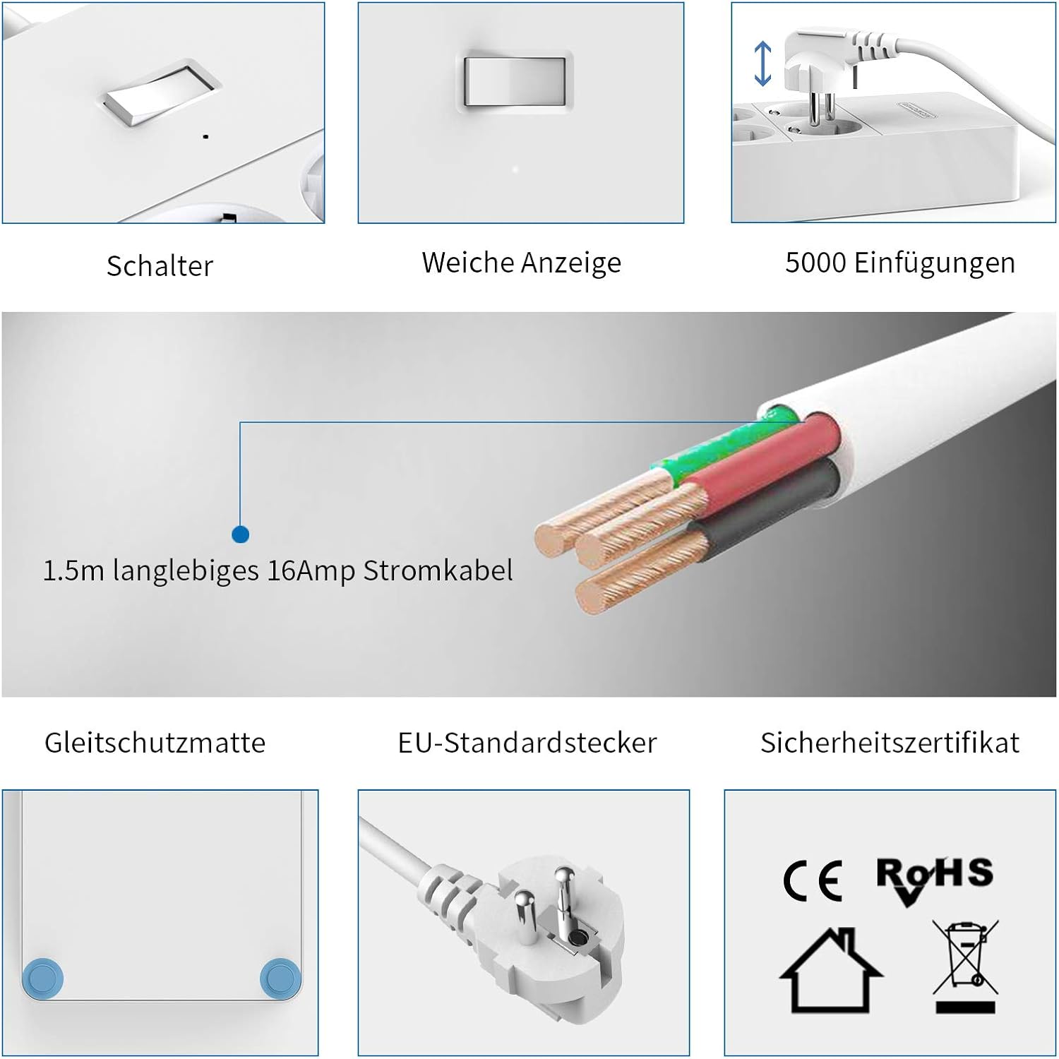 Ntonpower EU Surge Protection Power Strip 6 Outlets 5 USB Ports