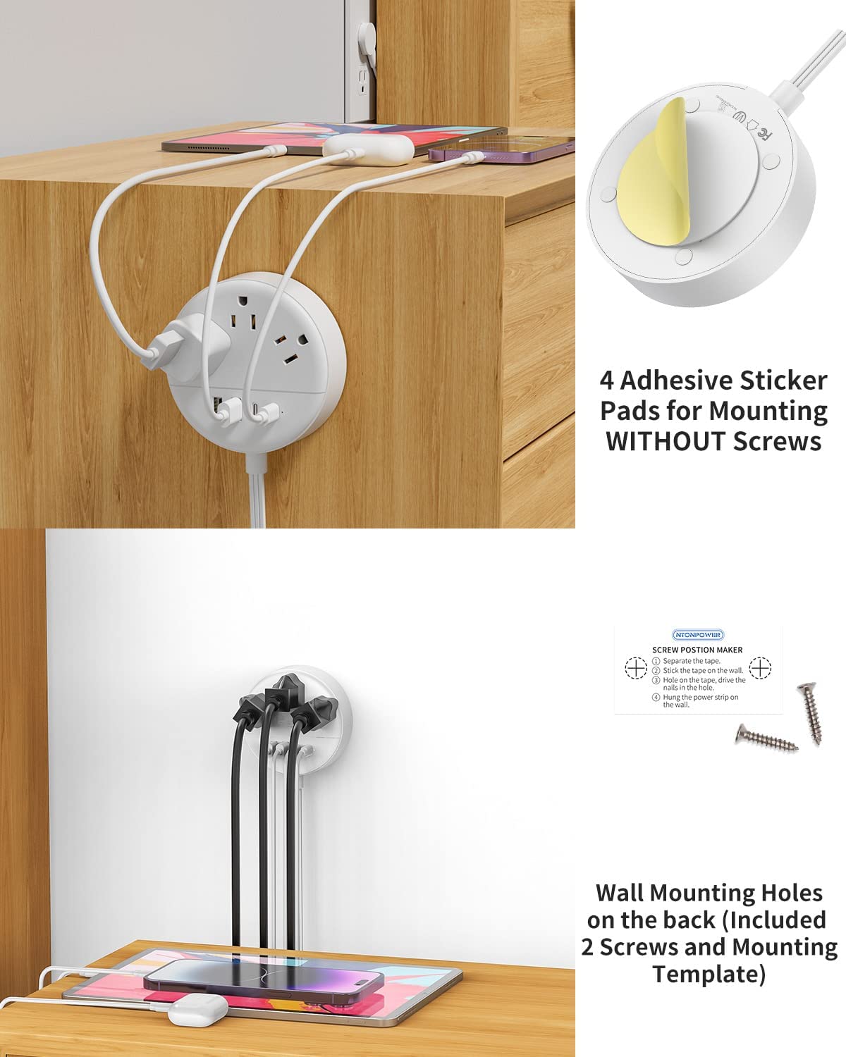 Ntonpower New Dot  Power Strip 3 Outlets 2 USB-A 2 USB-C Small&Travel