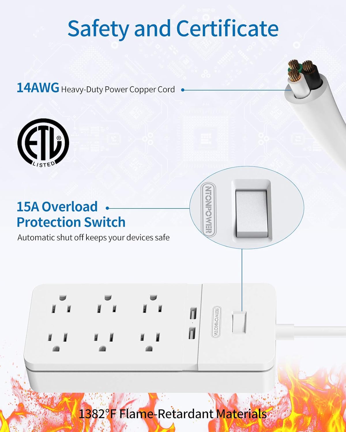 Ntonpower New Surge Protector 2100J 6 Outlets 2 USB Rotating Plug