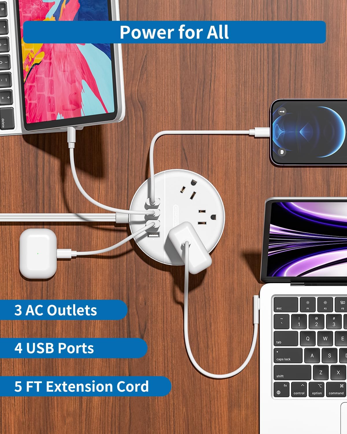 Ntonpower New Dot Flat Cord Power Strip 3 Outlets 4 USB Ports